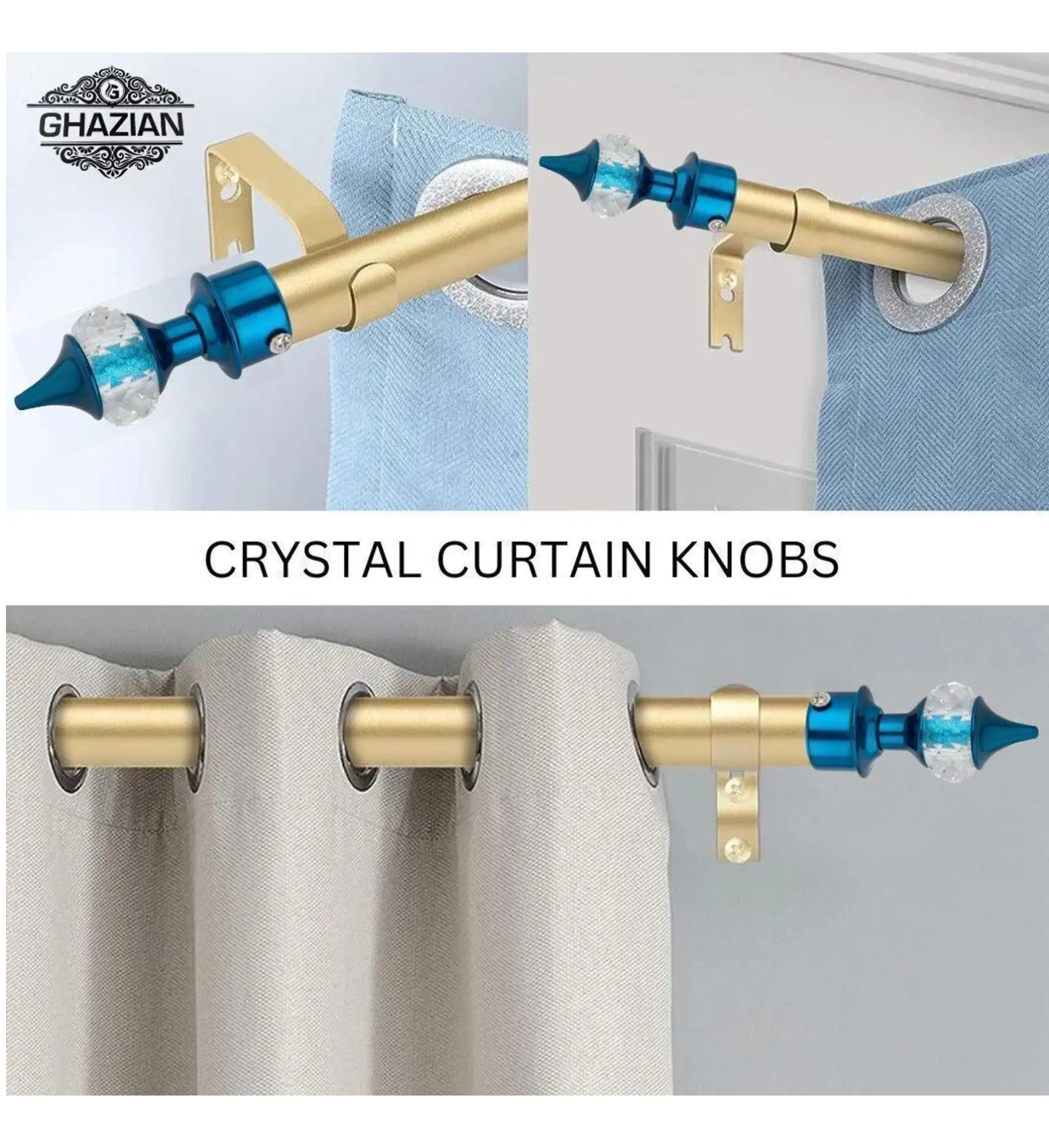 Blue Crystal Curtain Rod Knob Finial | Ghazian - Image 2