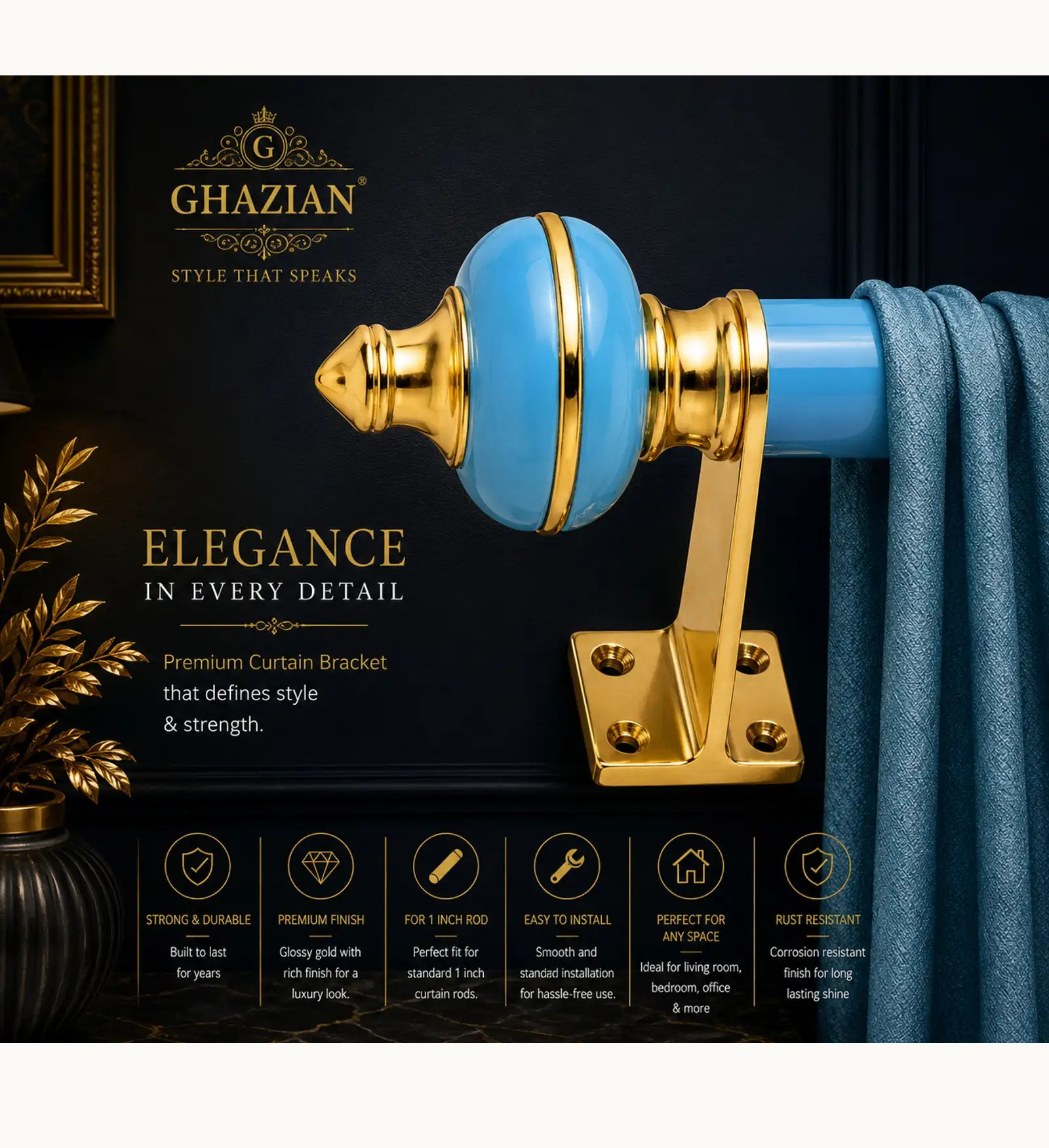 Sky Blue Gold Curtain Bracket - Ghazian - Image 2