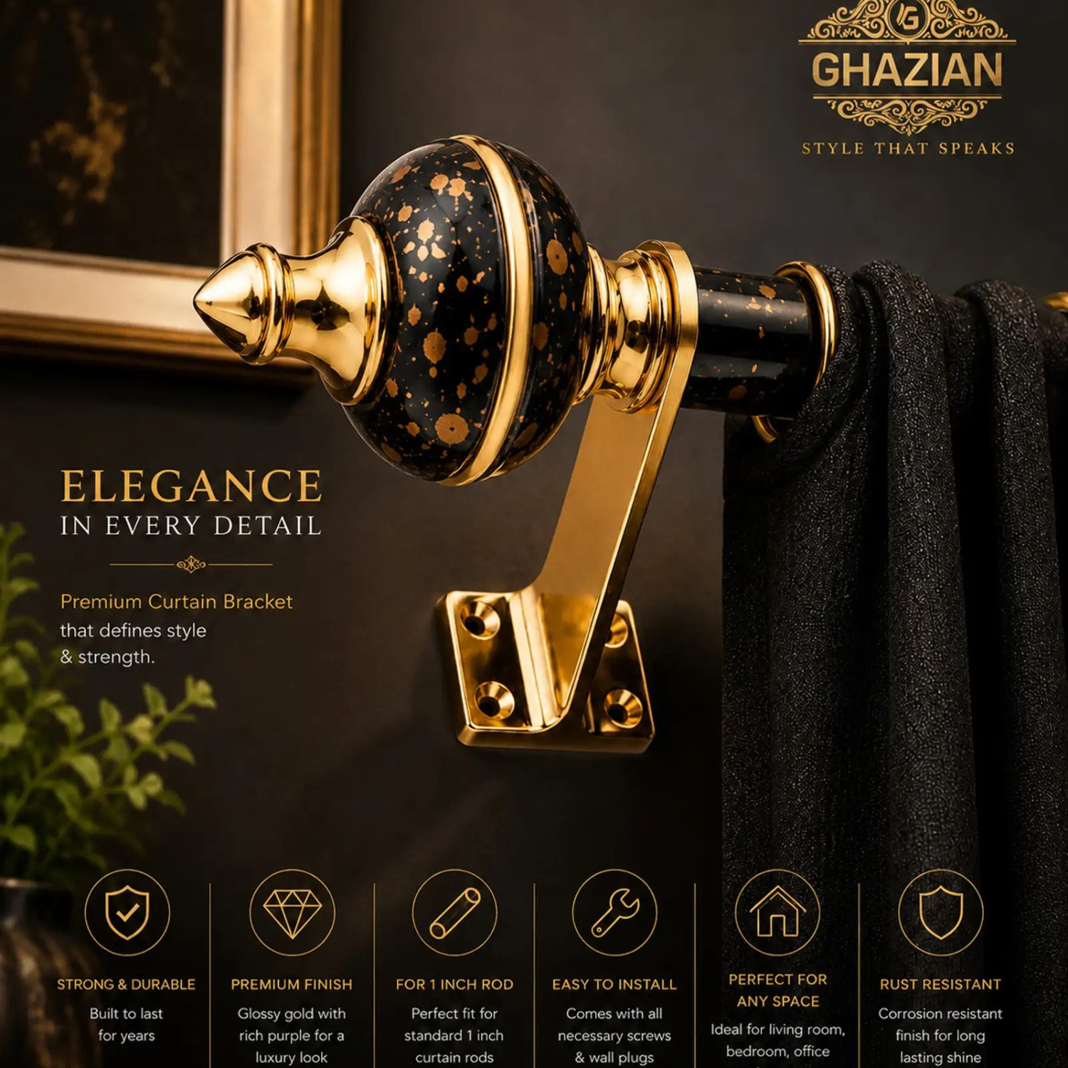Black Gold Curtain Rod Bracket Finial | Ghazian - Image 2