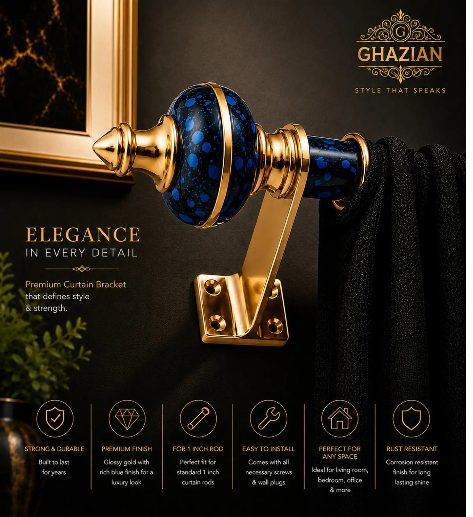 Blue Splash Gold Curtain Bracket - Ghazian - Image 2