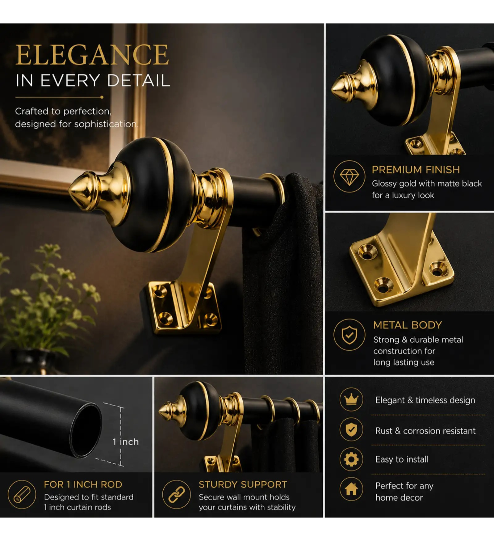 Black Gold Curtain Rod Bracket Finial | Ghazian - Image 3