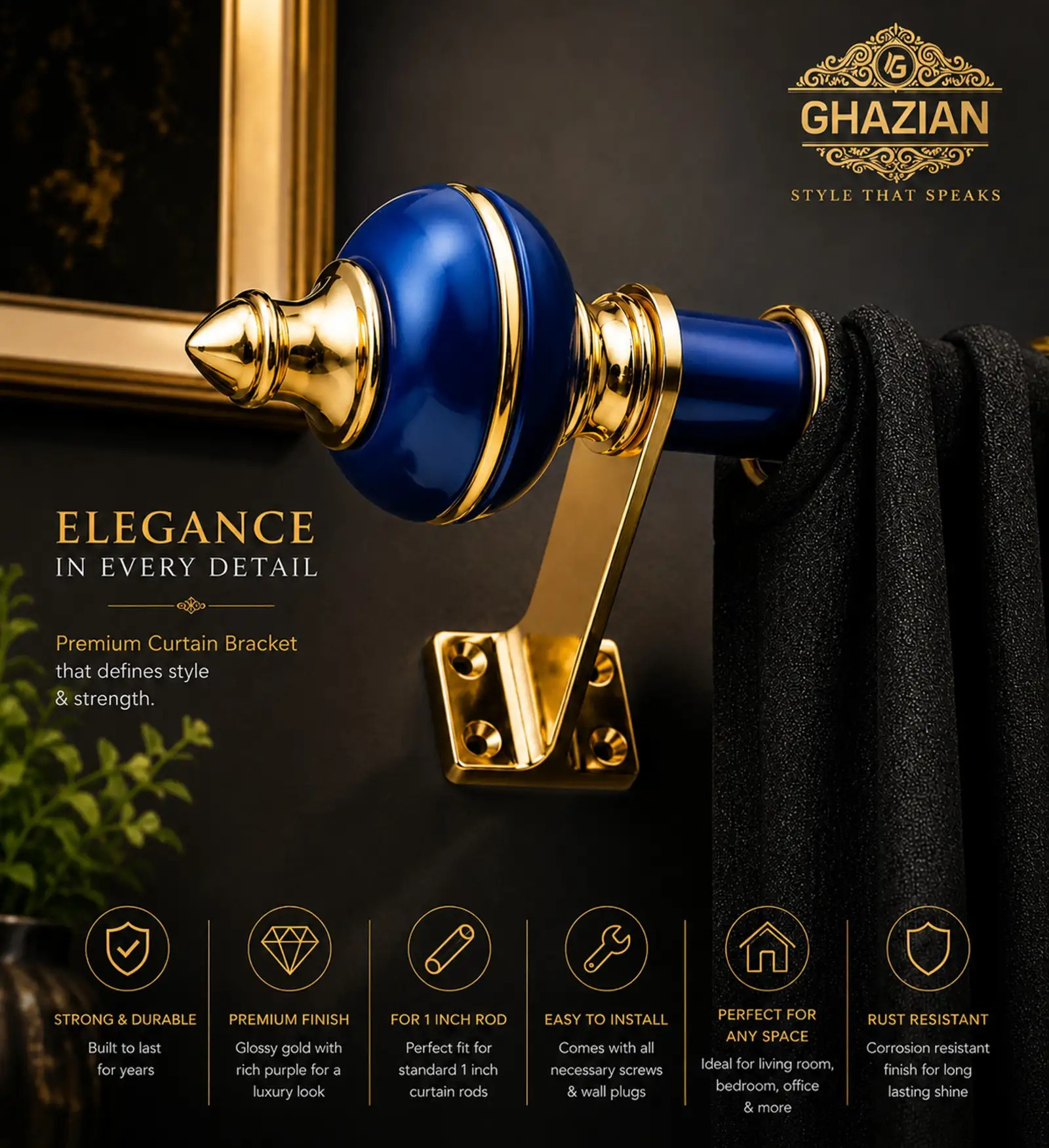 Royal Blue Gold Curtain Bracket - Ghazian - Image 2