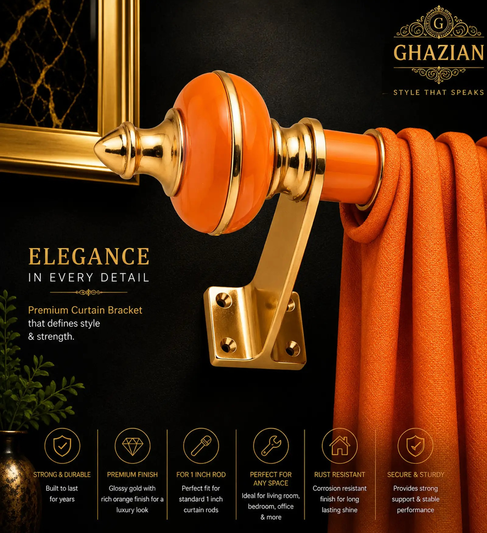 Ghazian Orange Curtain Knob – Decorative Gold Finish Curtain Rod End Bracket - Image 2