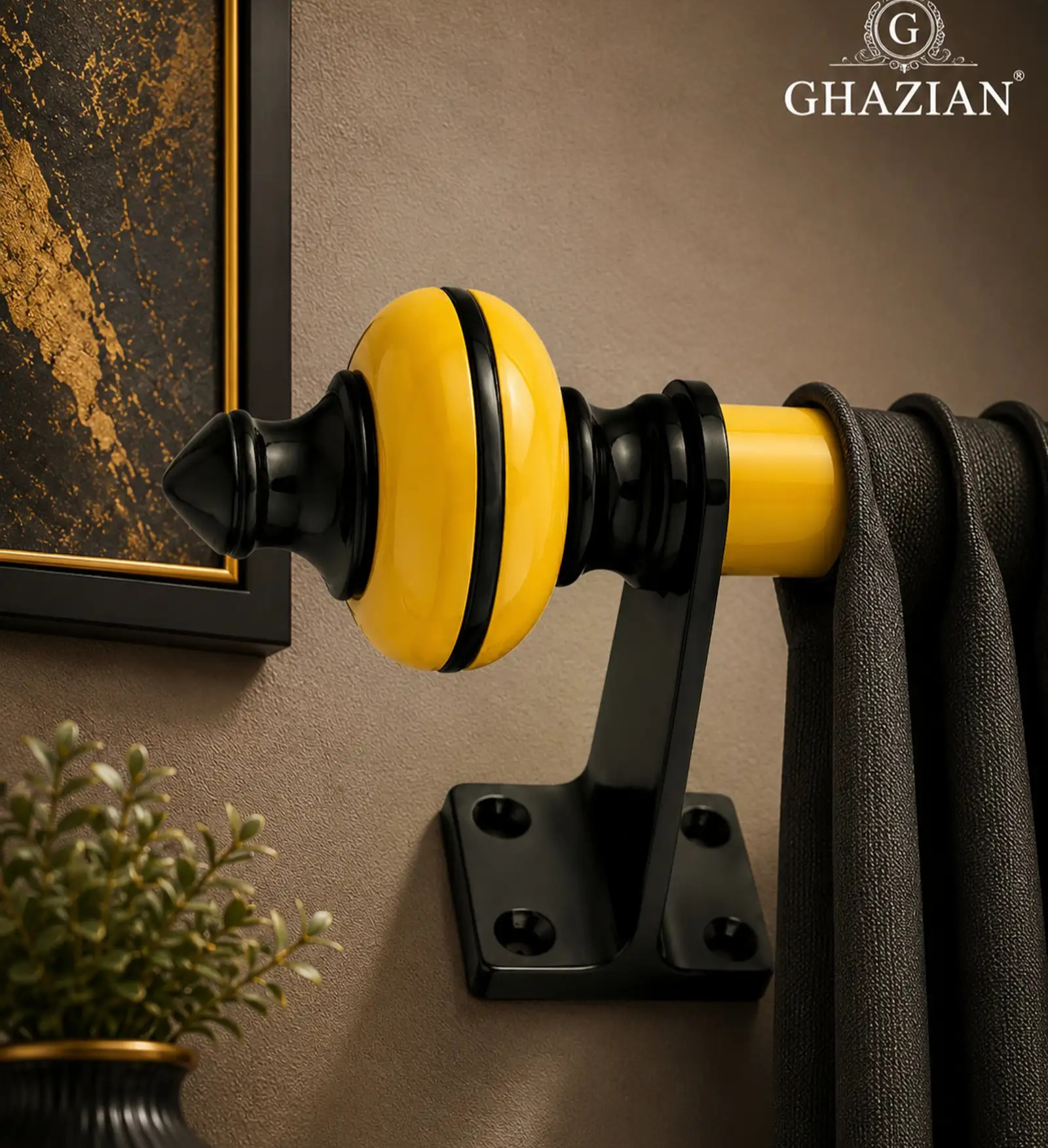 Ghazian Yellow Curtain Knob – Decorative Black & Yellow Curtain Rod Finial - Image 2