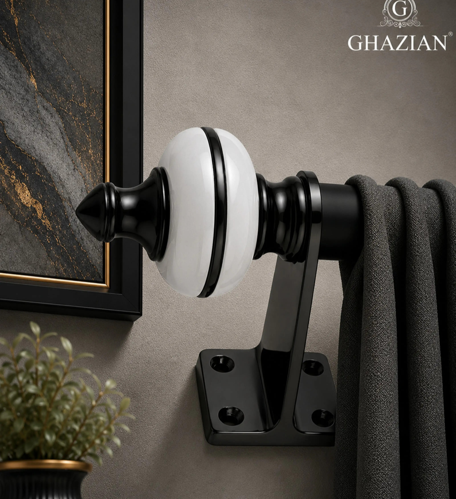 Ghazian White Curtain Knob – Decorative Black & White Curtain Rod Finial - Image 2
