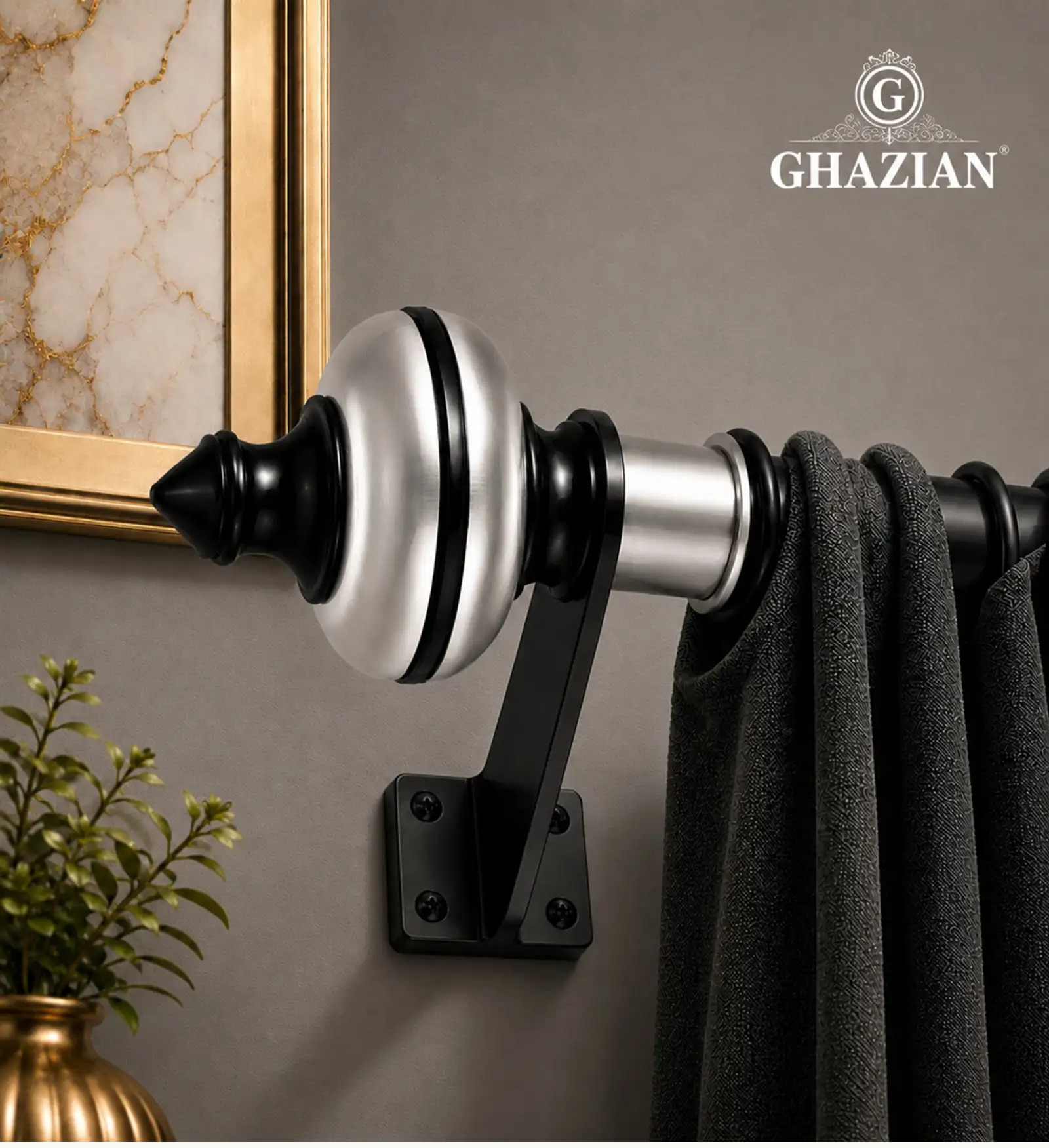 Ghazian Silver Curtain Knob – Decorative Black & Silver Curtain Rod Finial - Image 2