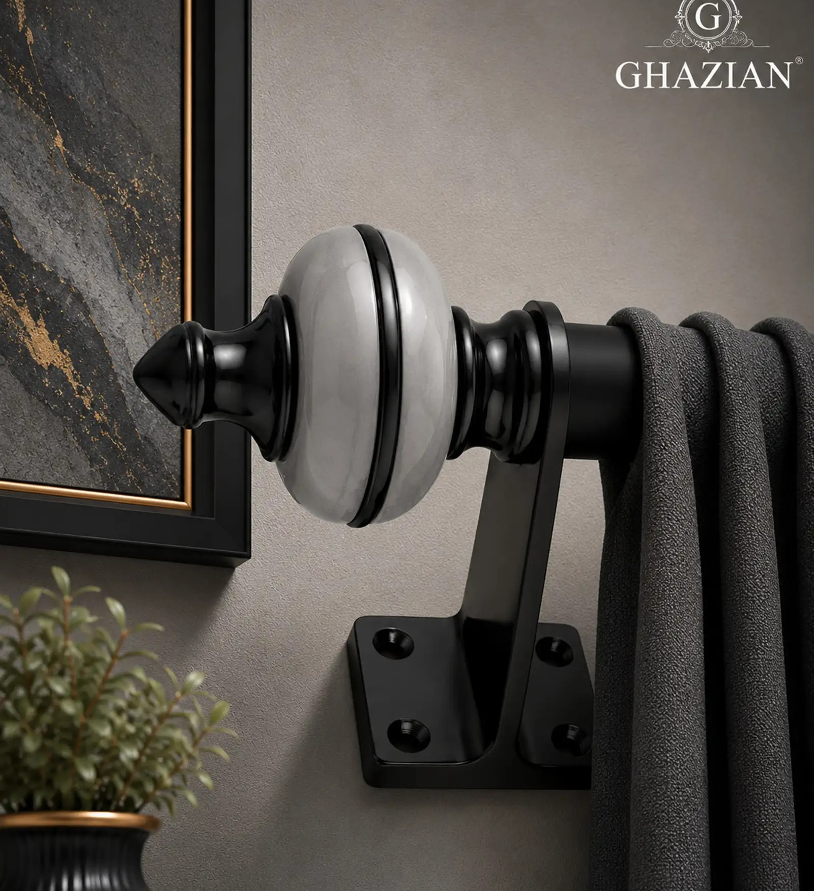 Ghazian Grey Curtain Knob – Decorative Black & Grey Curtain Rod Finial - Image 2