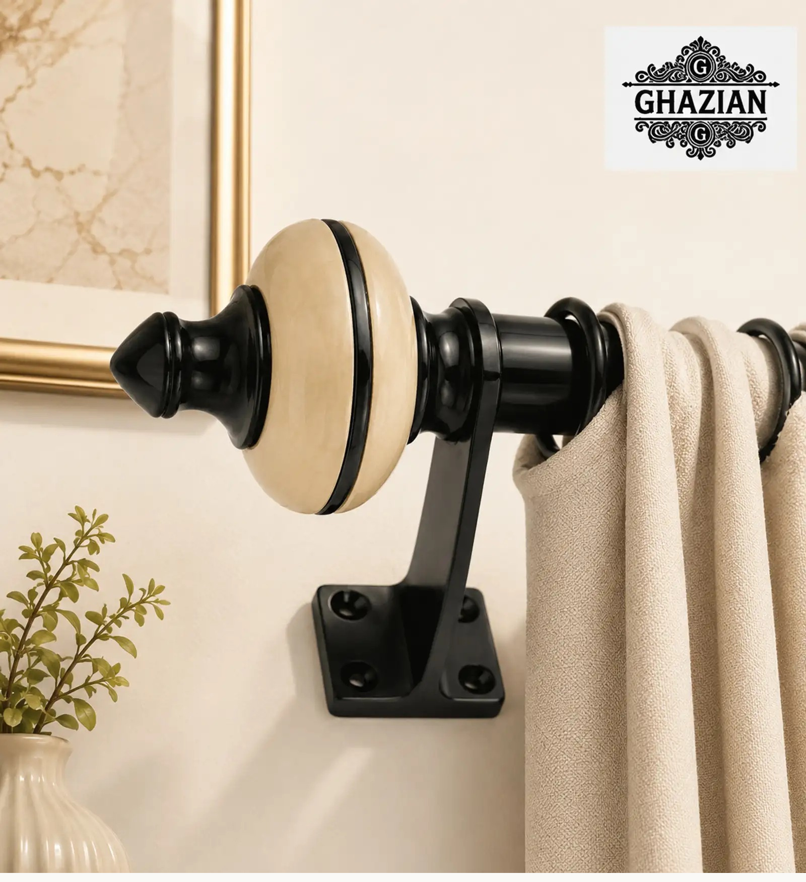 Ghazian Beige Curtain Knob – Decorative Black & Beige Curtain Rod Finial - Image 2