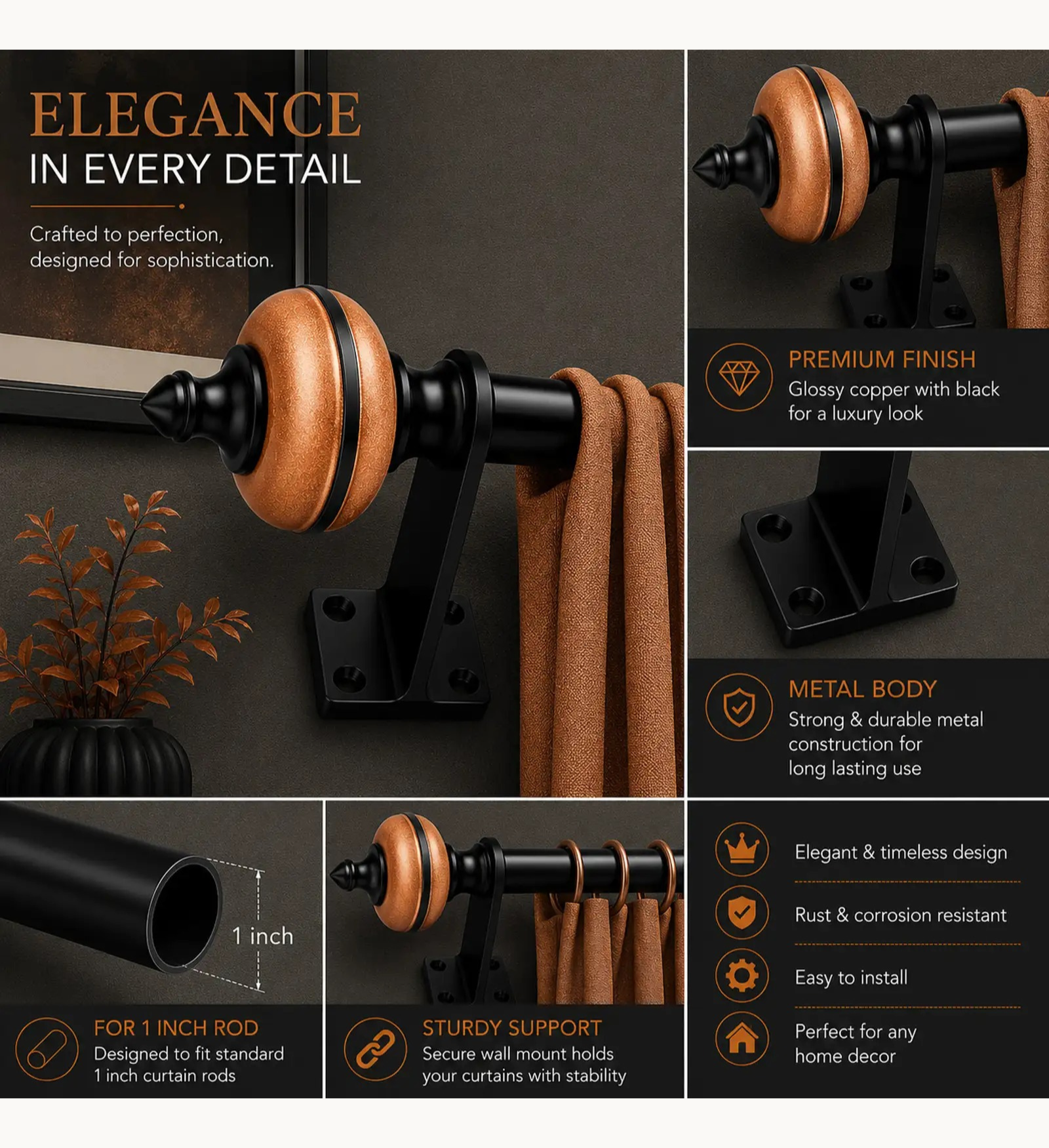 Copper Black Curtain Bracket - Ghazian - Image 3