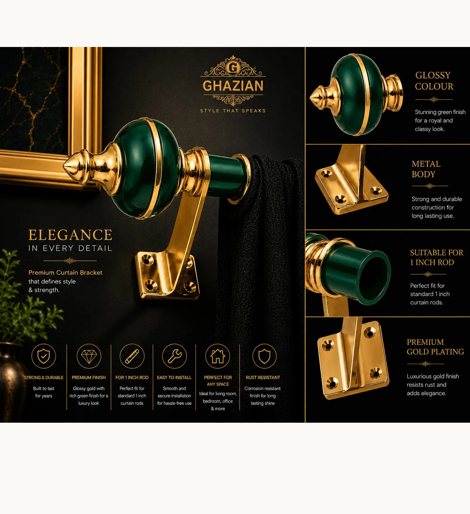 Green Gold Curtain Bracket - Ghazian - Image 3