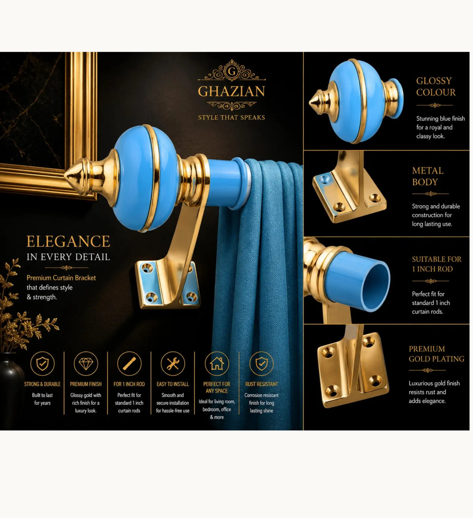 Sky Blue Gold Curtain Bracket - Ghazian - Image 3