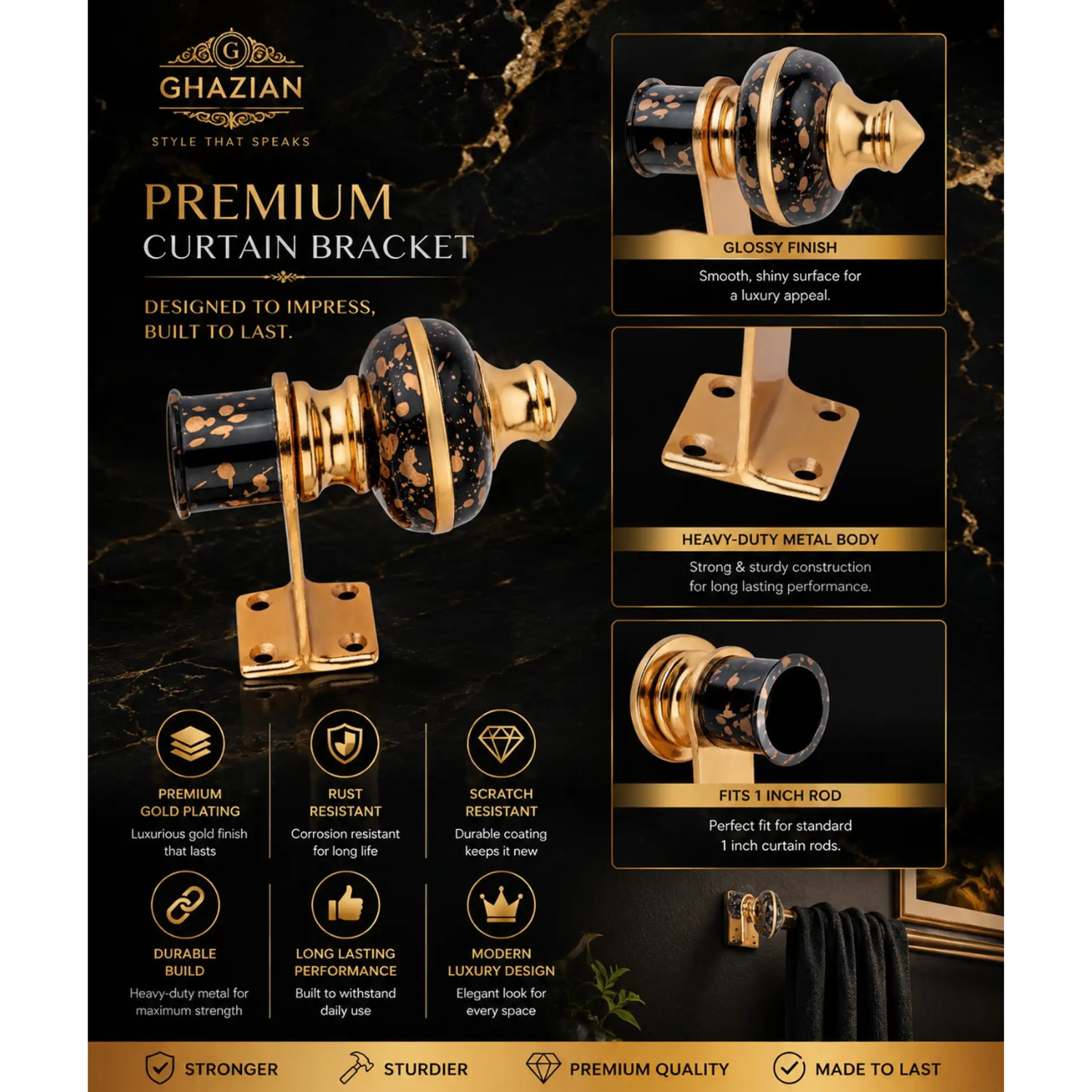 Black Gold Curtain Rod Bracket Finial | Ghazian - Image 3