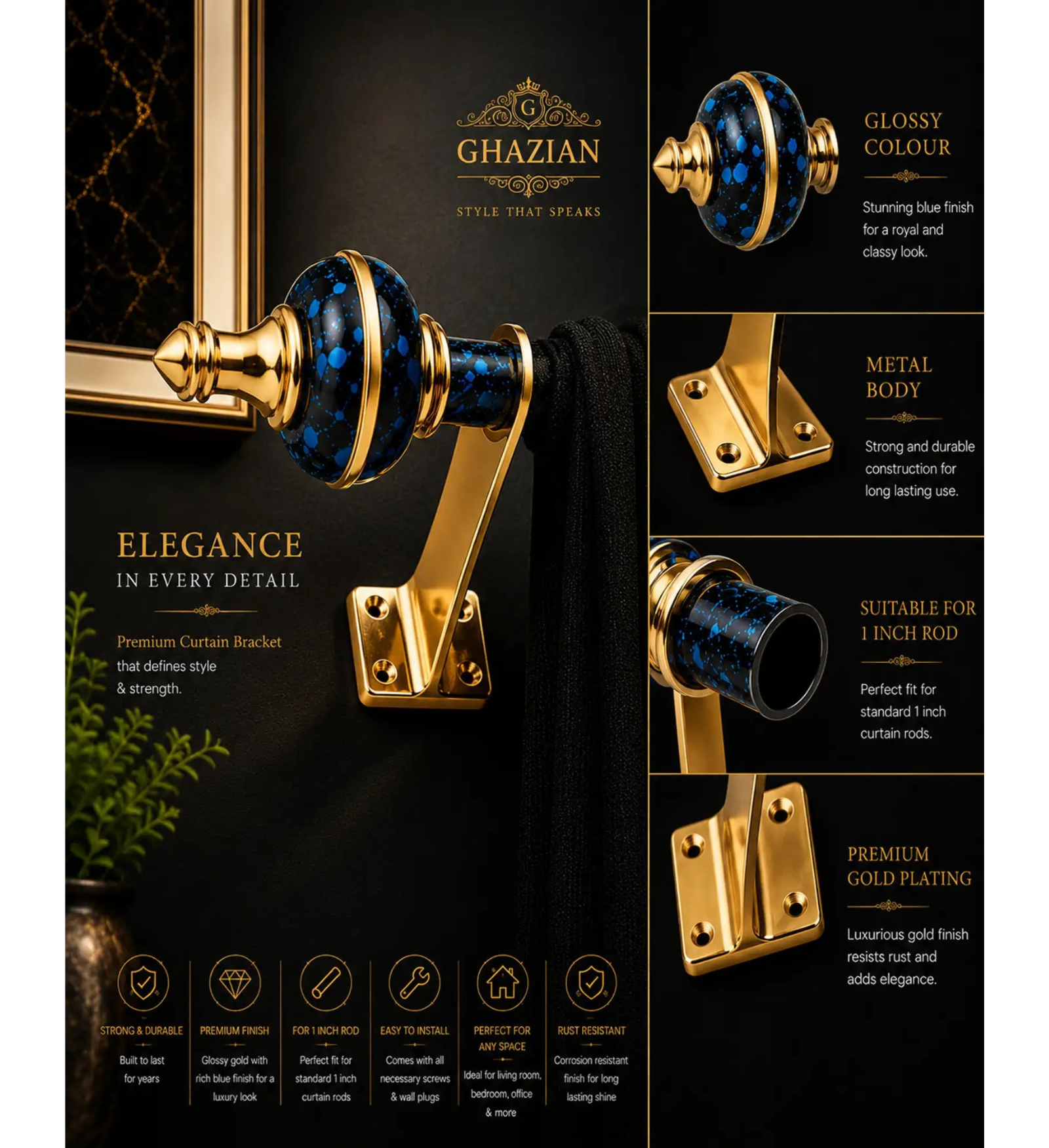 Blue Splash Gold Curtain Bracket - Ghazian - Image 3