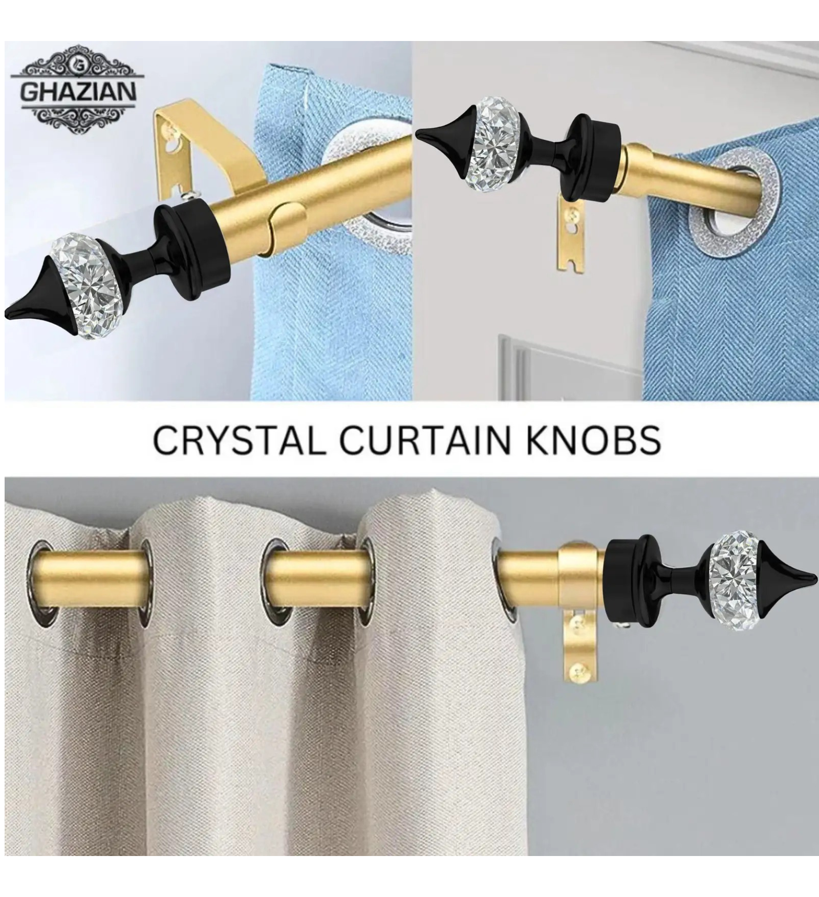 Black Crystal Curtain Rod Knob Finial | Ghazian - Image 3