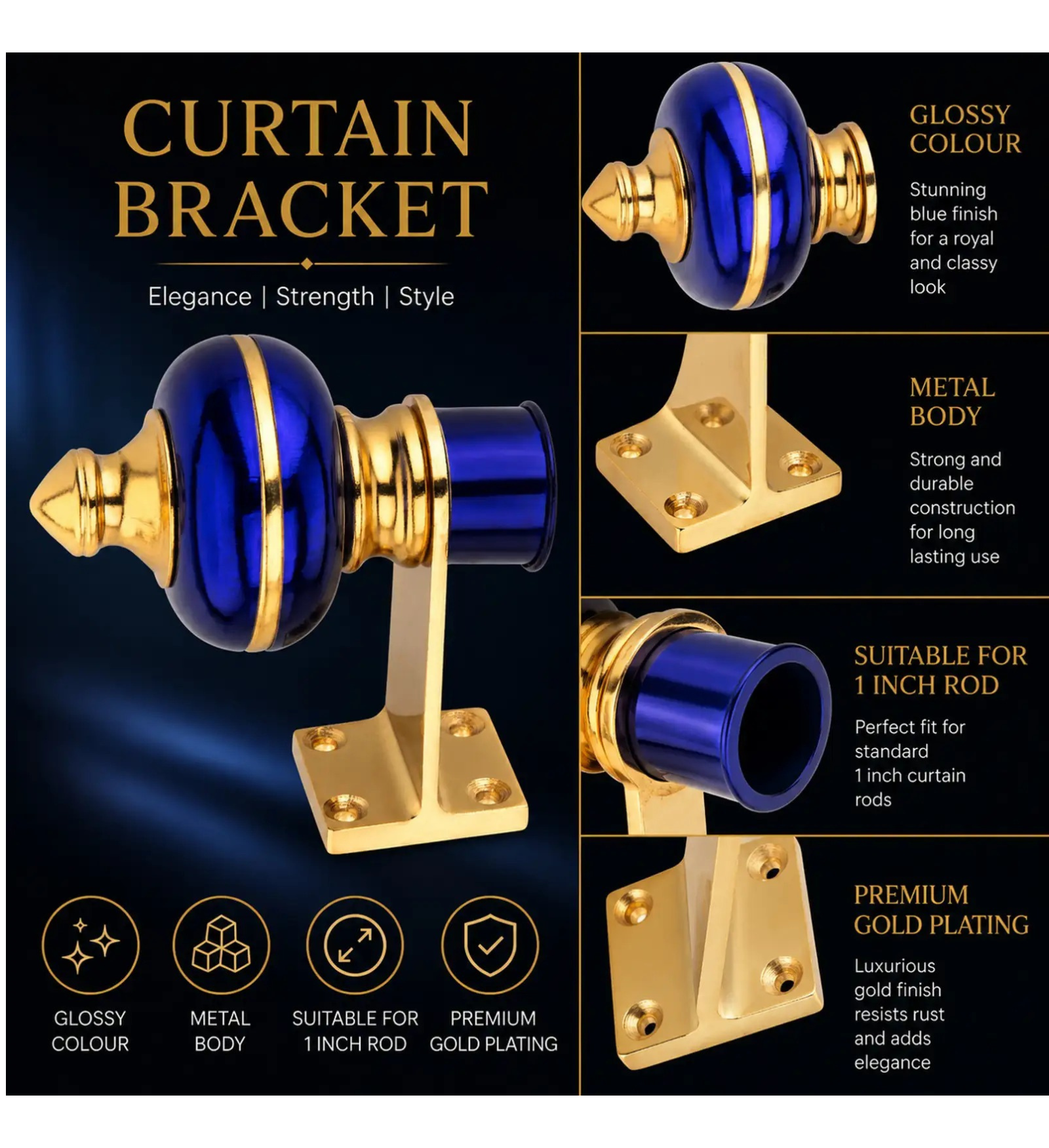 Royal Blue Gold Curtain Bracket - Ghazian - Image 3