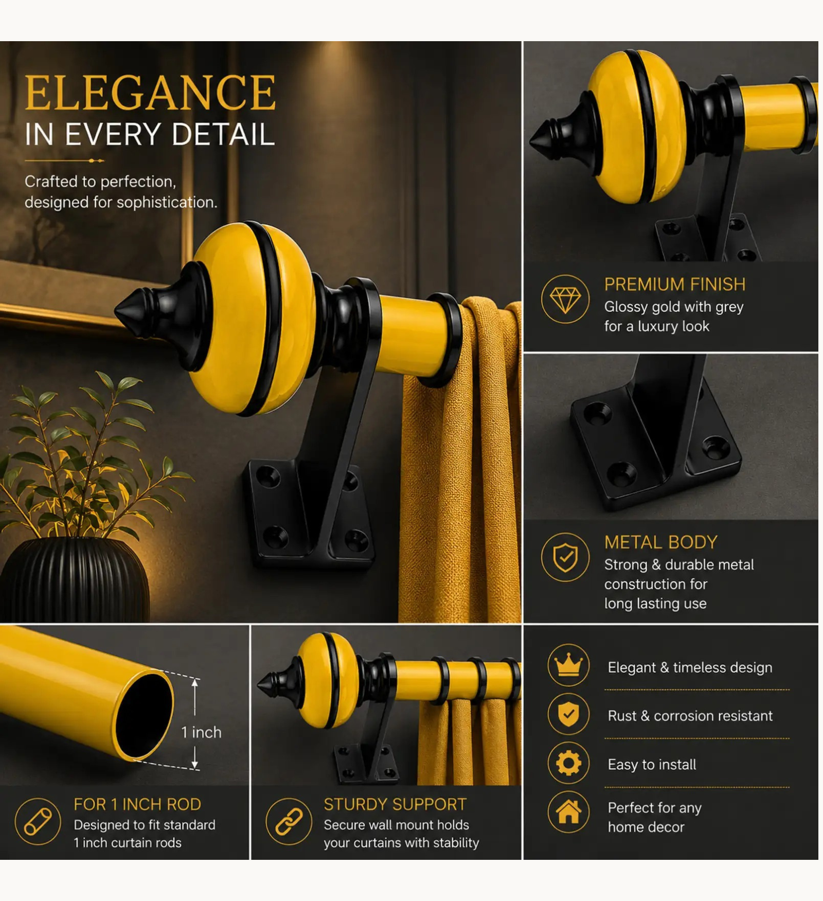 Ghazian Yellow Curtain Knob – Decorative Black & Yellow Curtain Rod Finial - Image 3