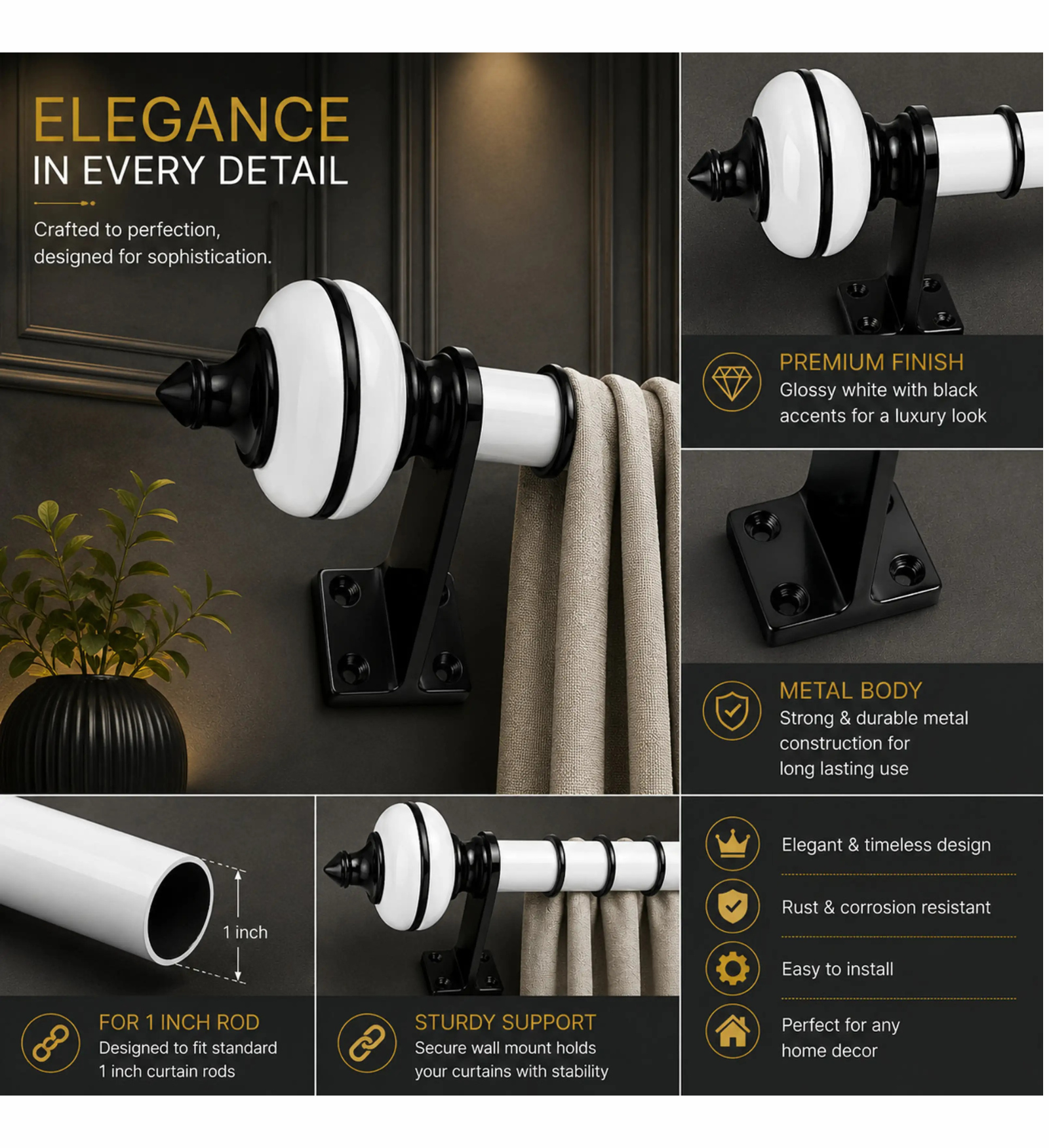 Ghazian White Curtain Knob – Decorative Black & White Curtain Rod Finial - Image 3