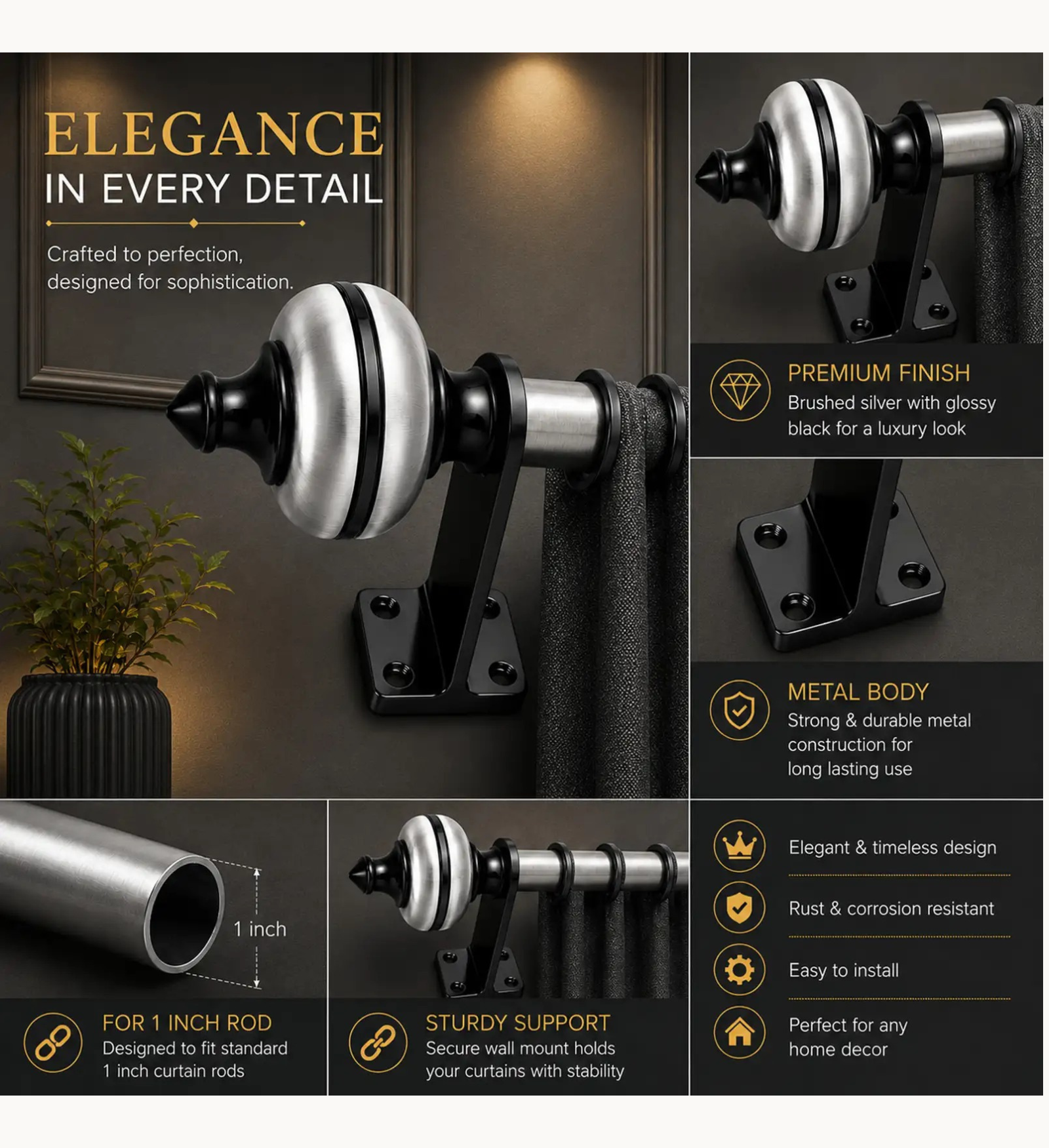 Ghazian Silver Curtain Knob – Decorative Black & Silver Curtain Rod Finial - Image 3