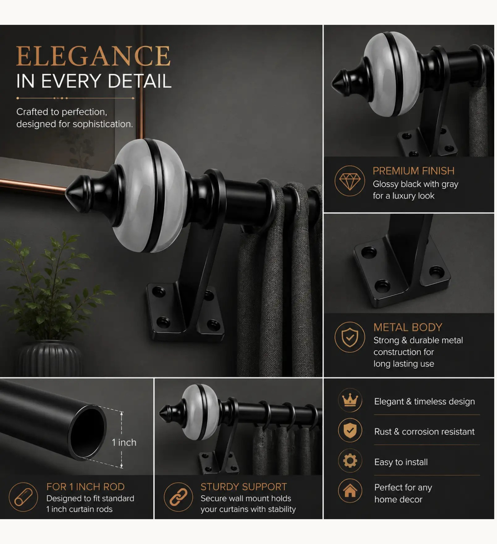 Ghazian Grey Curtain Knob – Decorative Black & Grey Curtain Rod Finial - Image 3