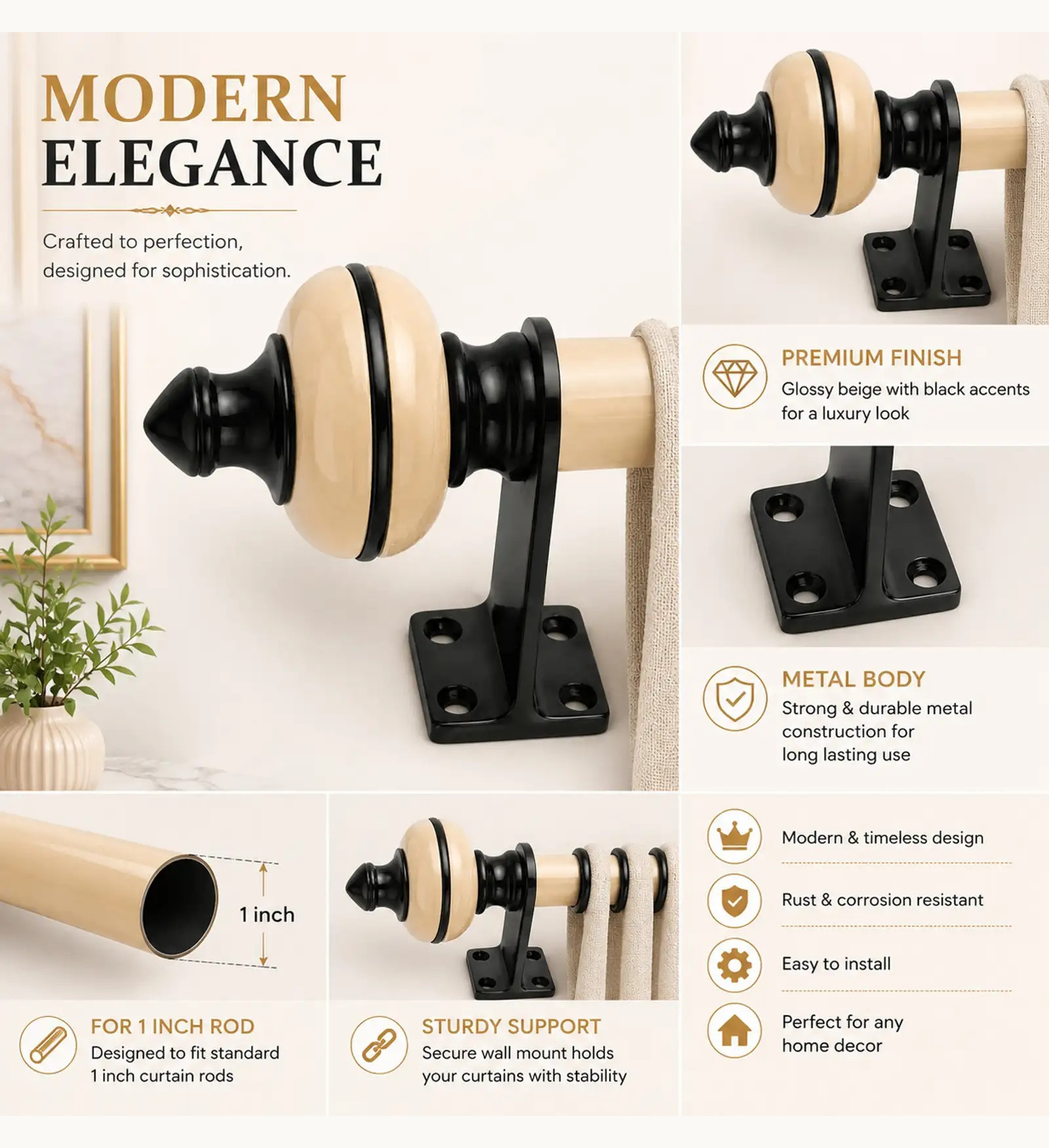 Ghazian Beige Curtain Knob – Decorative Black & Beige Curtain Rod Finial - Image 3