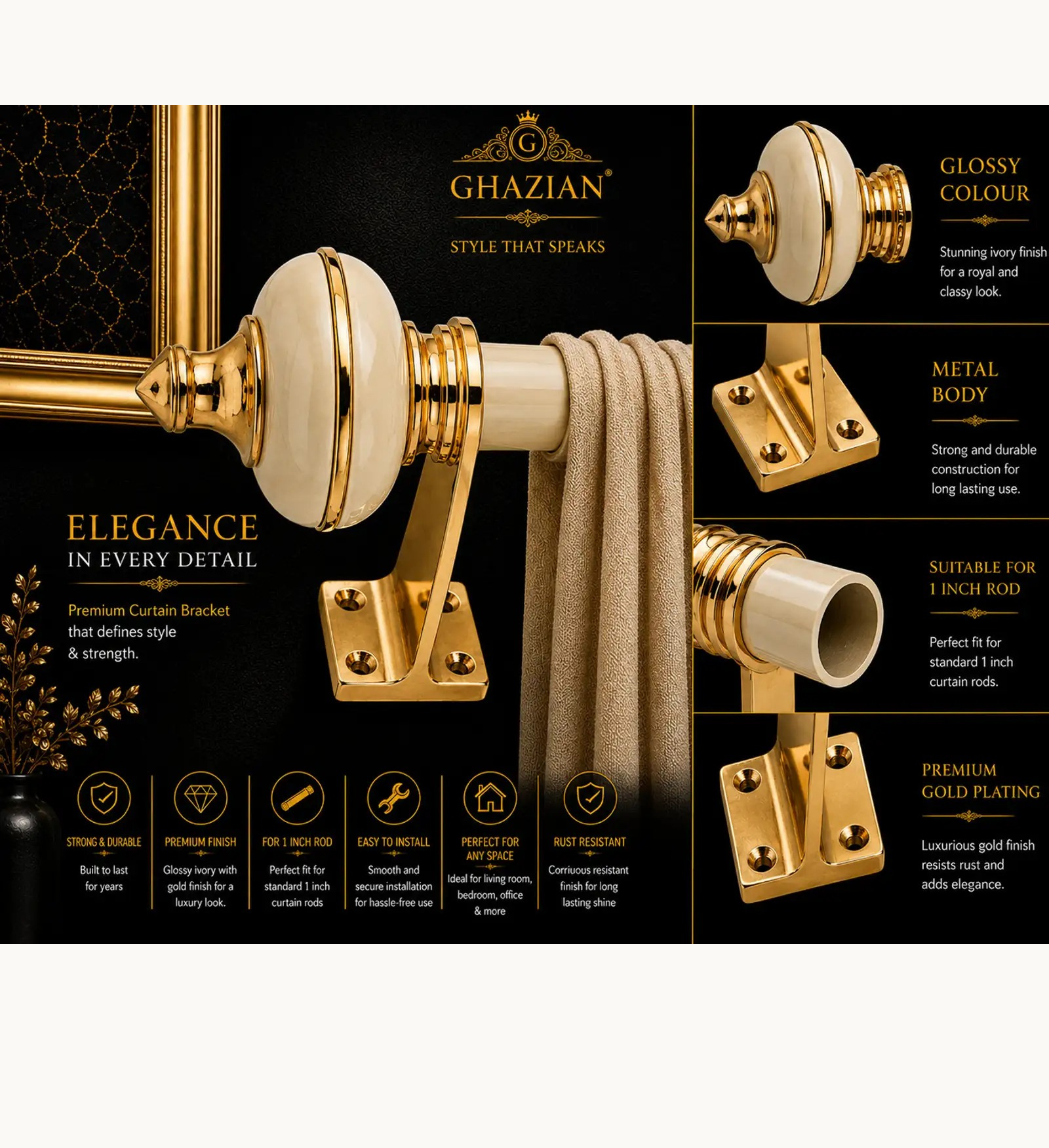 Ghazian Cream Curtain Knob – Decorative Gold Finish Curtain Rod Finial - Image 3