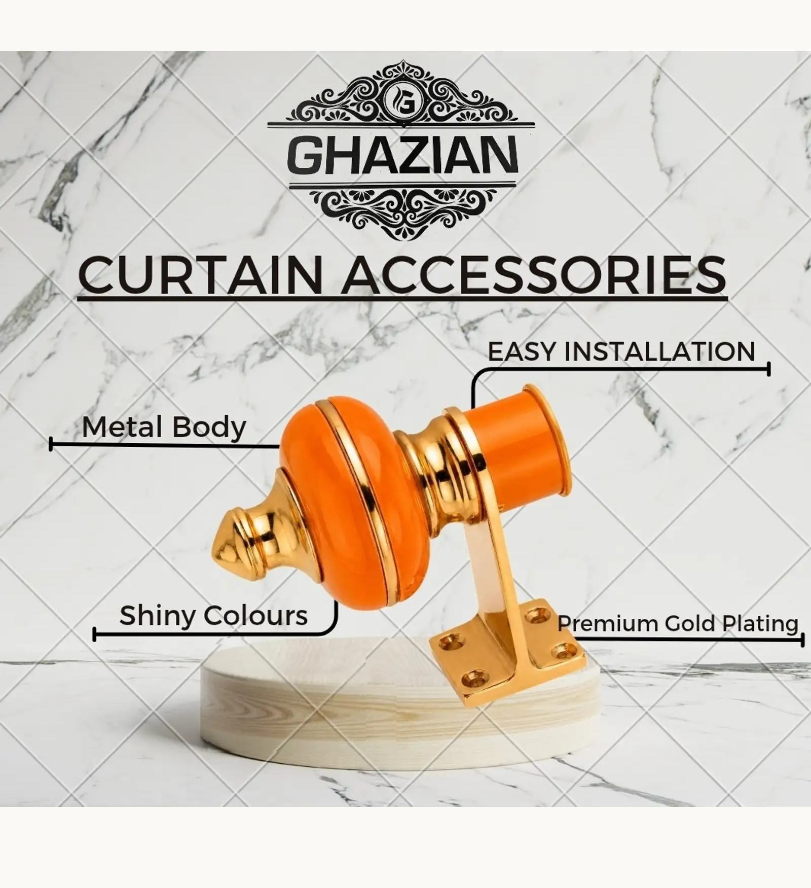 Ghazian Orange Curtain Knob – Decorative Gold Finish Curtain Rod End Bracket - Image 4