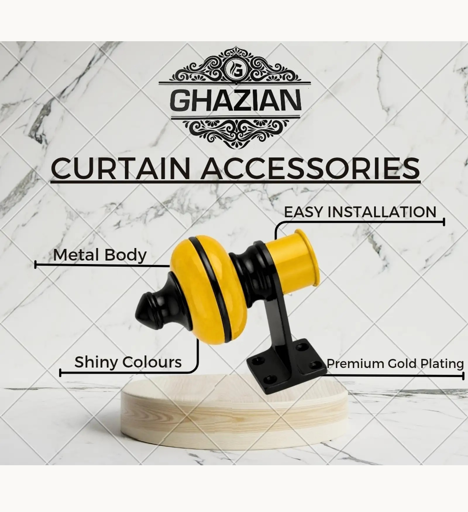 Ghazian Yellow Curtain Knob – Decorative Black & Yellow Curtain Rod Finial - Image 4