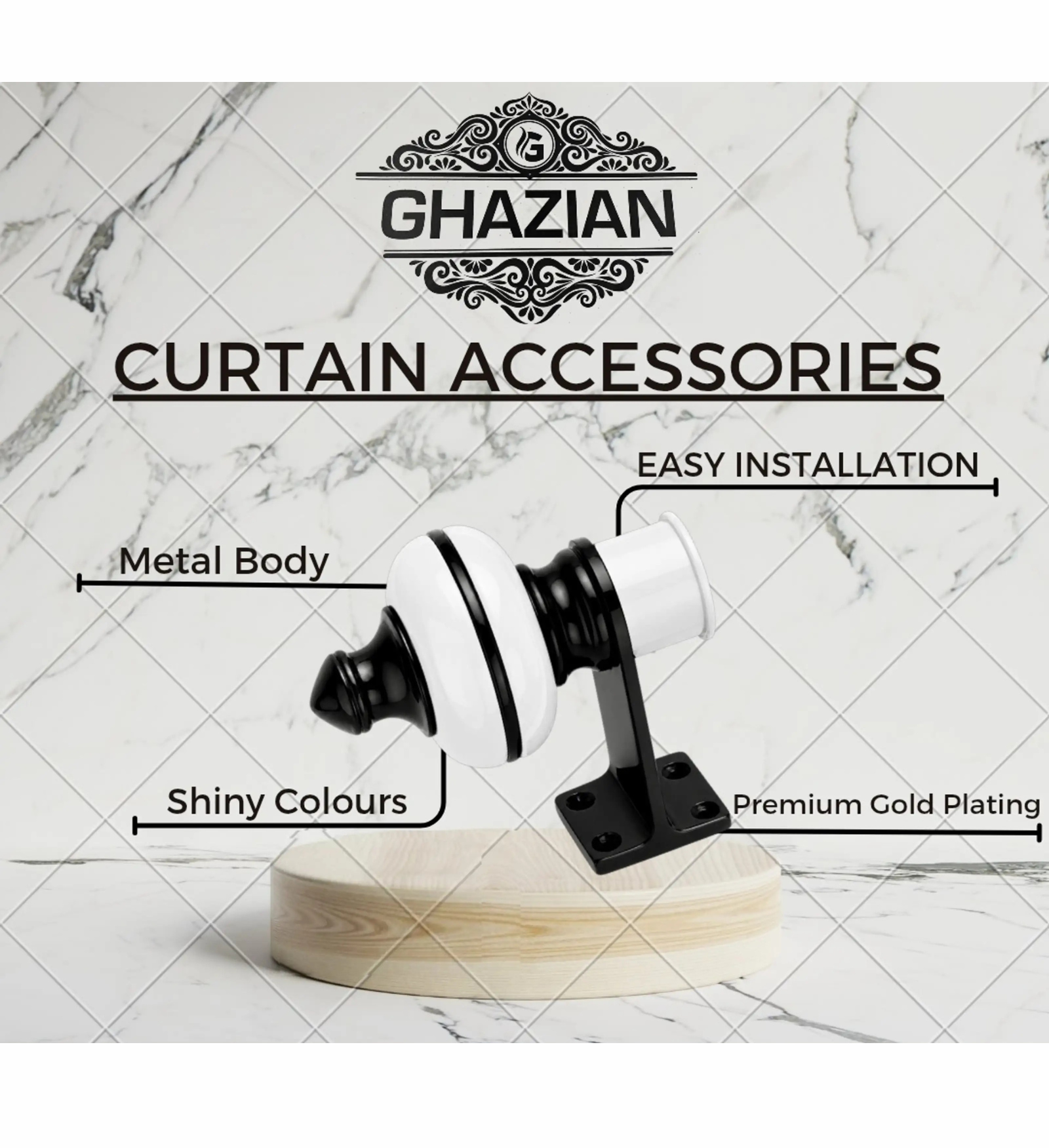 Ghazian White Curtain Knob – Decorative Black & White Curtain Rod Finial - Image 4
