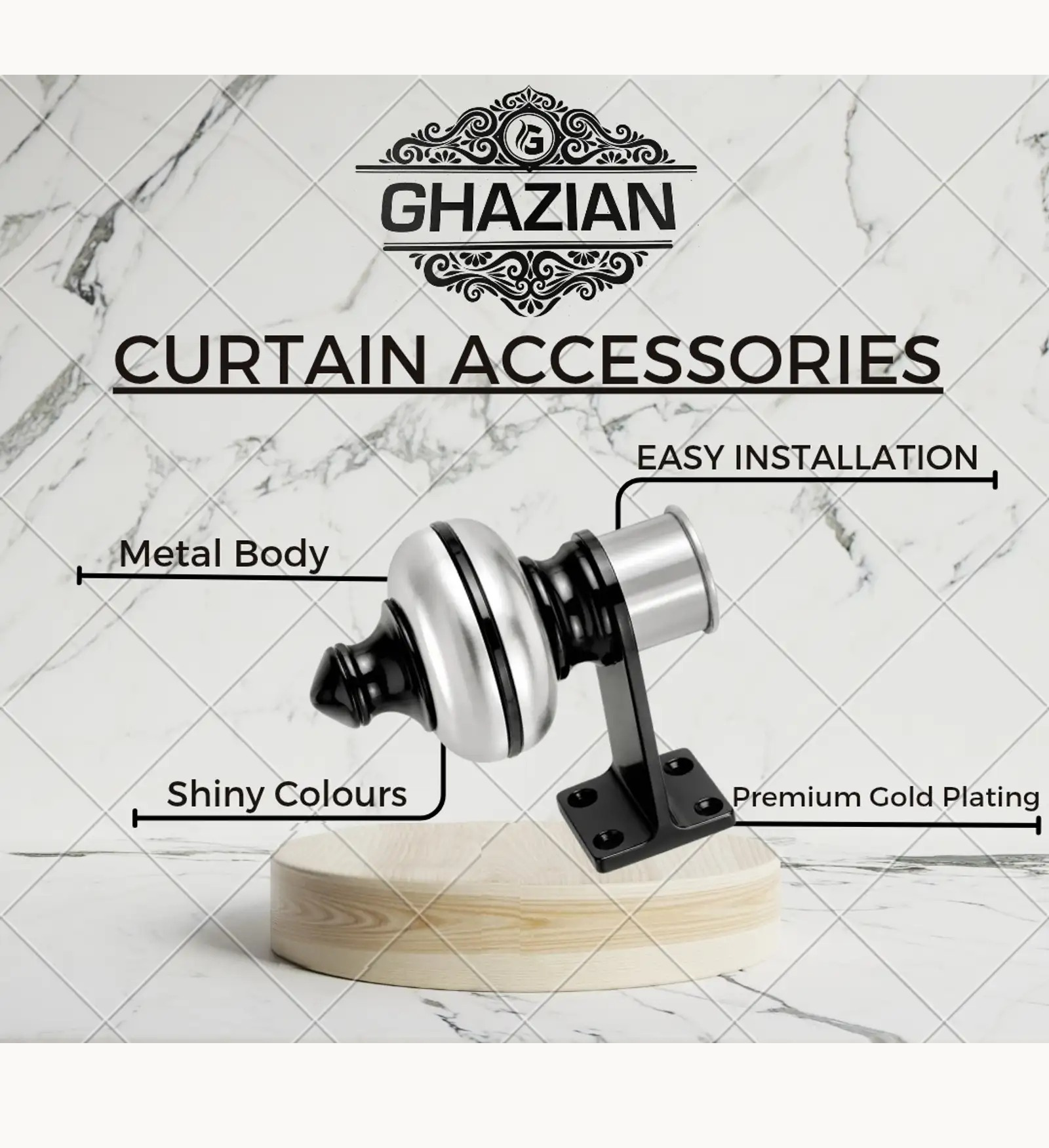 Ghazian Silver Curtain Knob – Decorative Black & Silver Curtain Rod Finial - Image 4