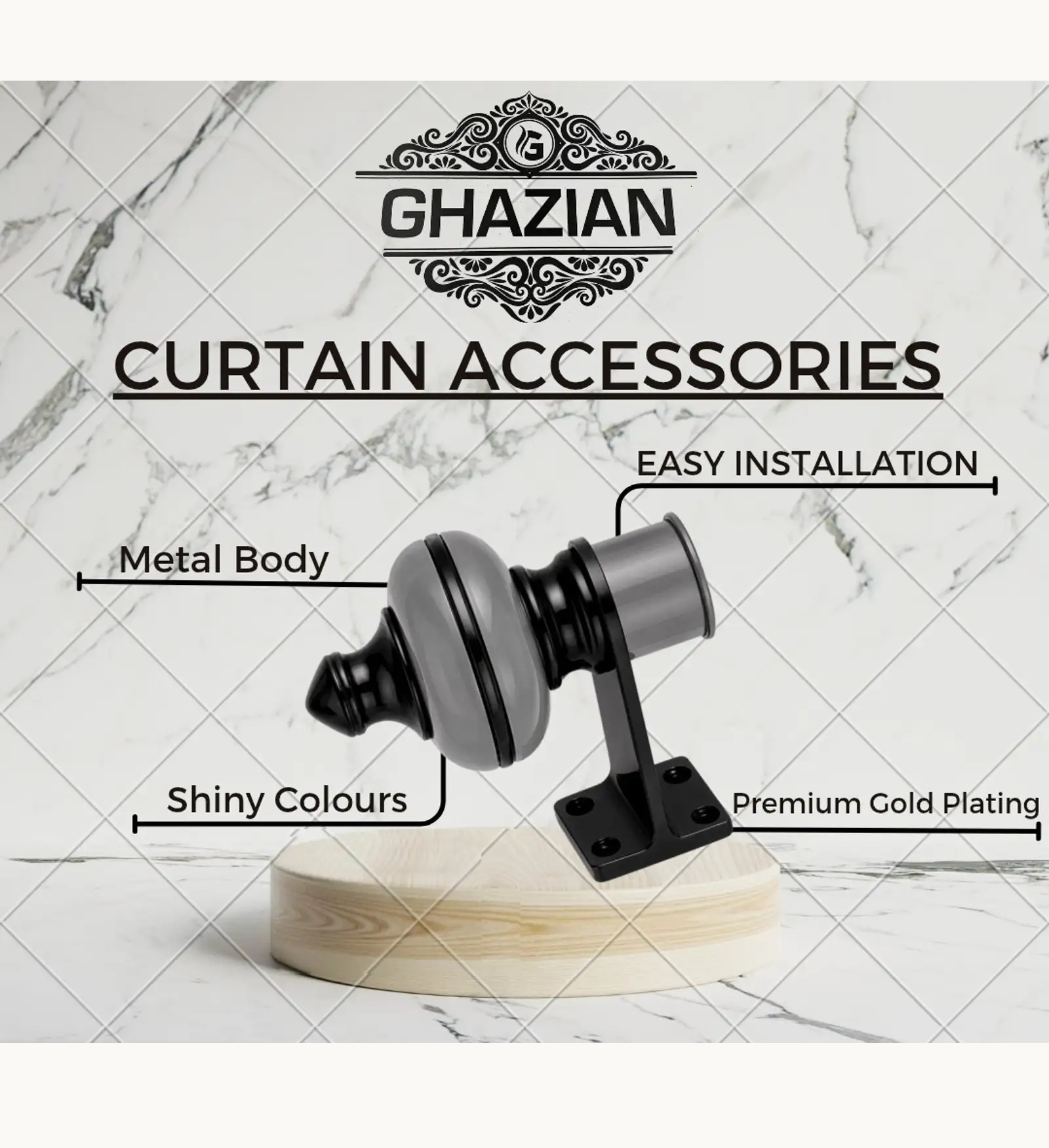 Ghazian Grey Curtain Knob – Decorative Black & Grey Curtain Rod Finial - Image 4