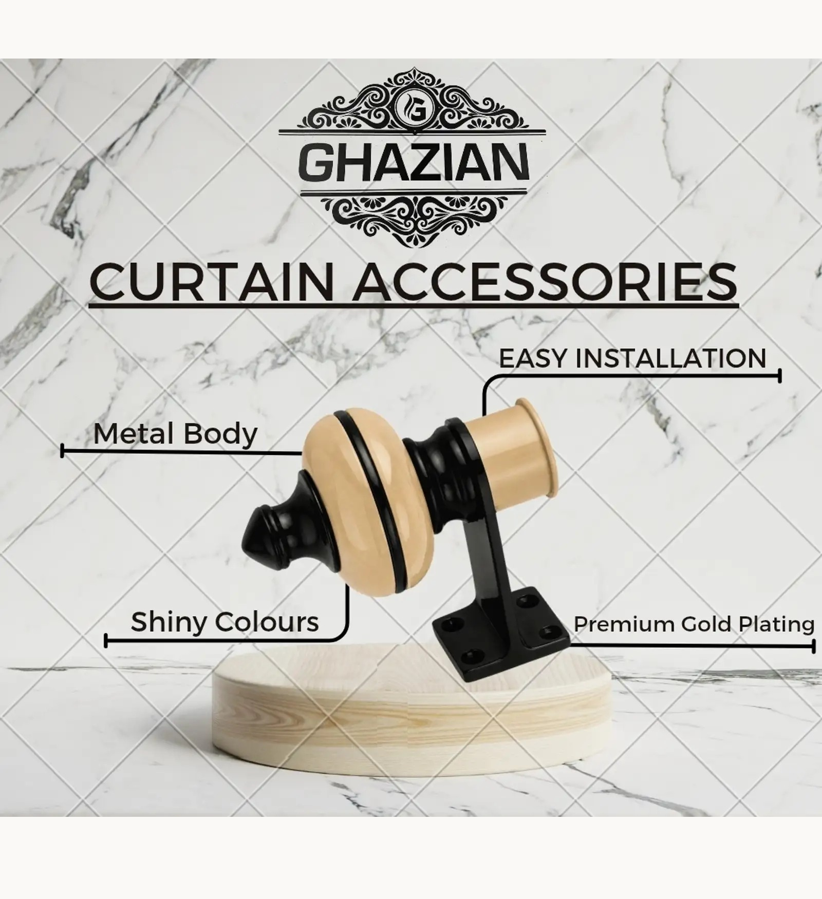 Ghazian Beige Curtain Knob – Decorative Black & Beige Curtain Rod Finial - Image 4