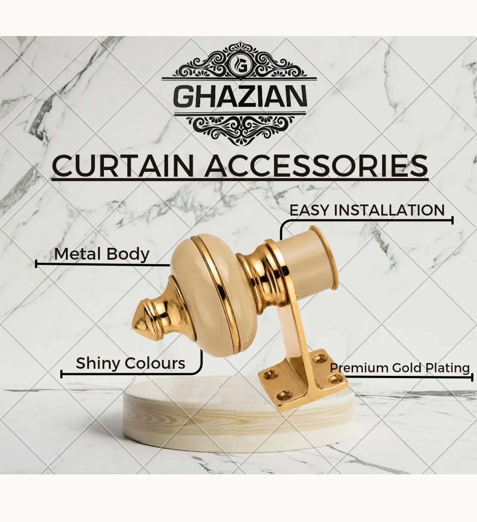 Ghazian Cream Curtain Knob – Decorative Gold Finish Curtain Rod Finial - Image 4