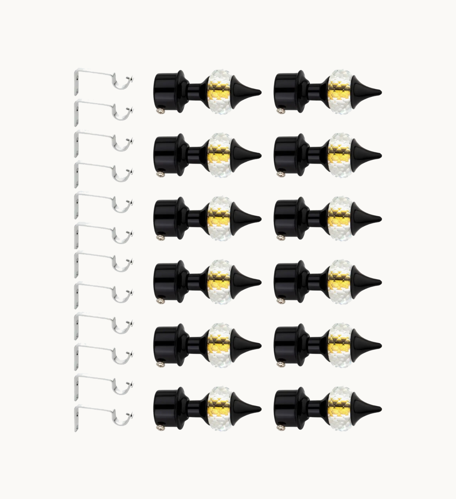 Ghazian Black Crystal Curtain Knob with Steel Support – Pack of 24 Decorative Curtain Rod Finial Set