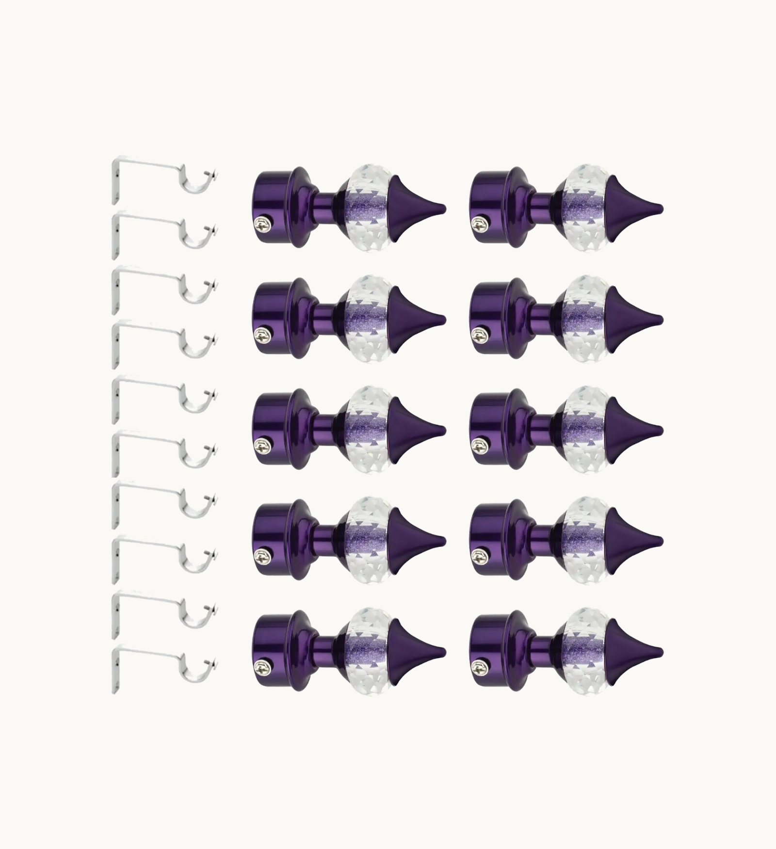 Ghazian Purple Crystal Curtain Knob with Steel Support – Pack of 10 Decorative Curtain Rod Finial Set