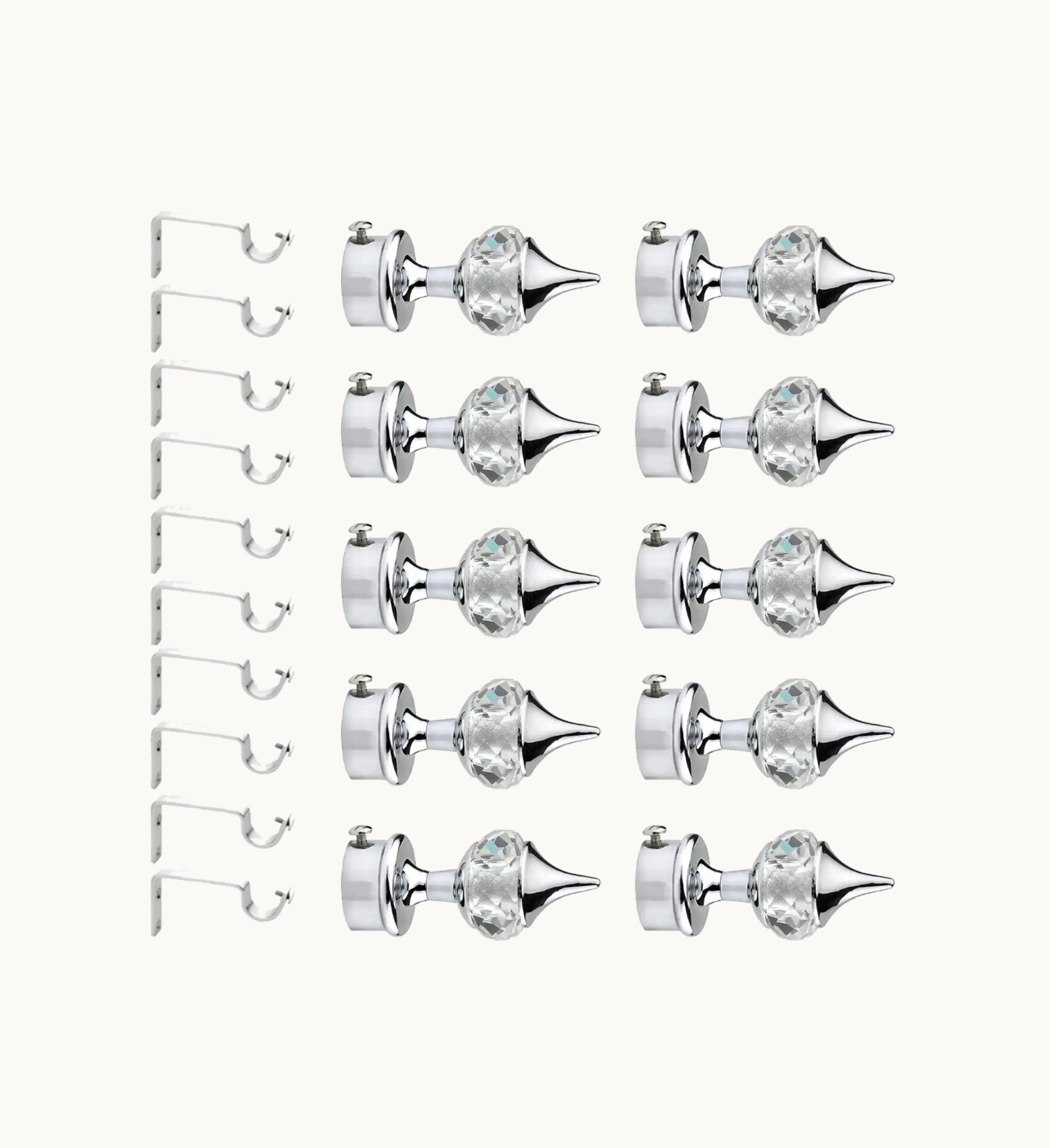 Ghazian Silver Crystal Curtain Knob with Steel Support – Pack of 10 Decorative Curtain Rod Finial Set
