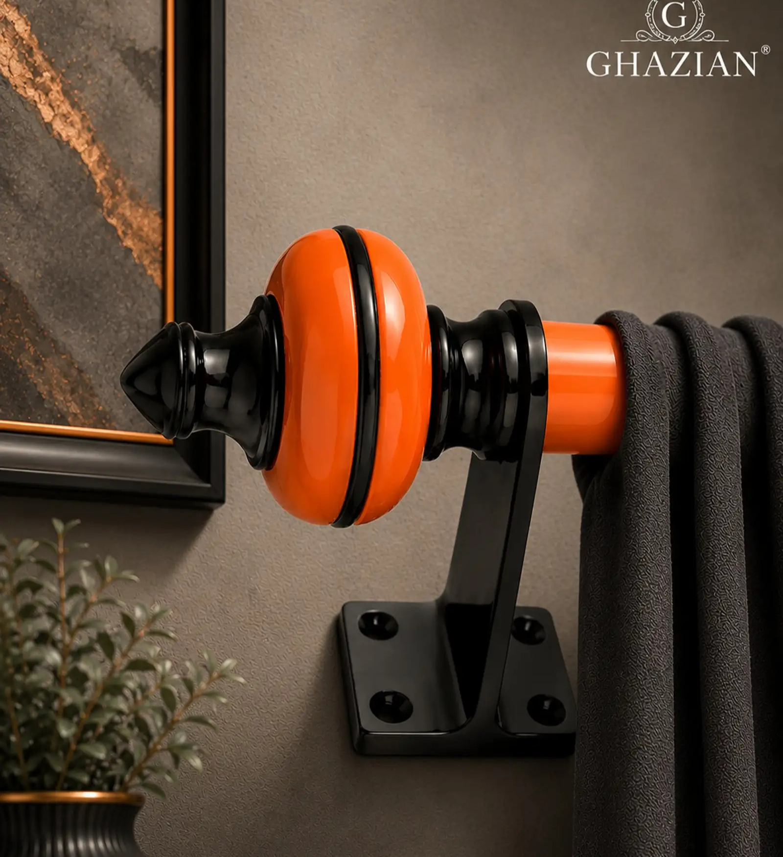 Ghazian Orange Curtain Knob – Decorative Black & Orange Curtain Rod Finial - Image 2