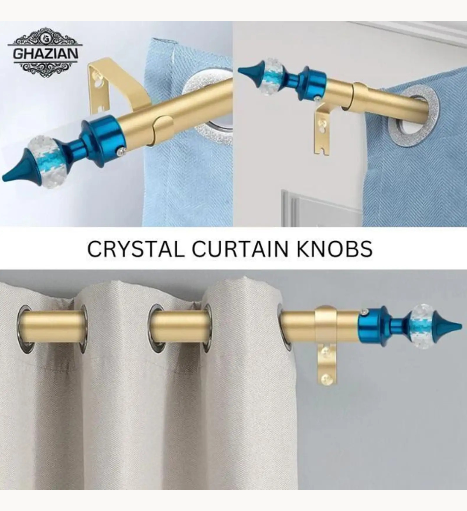 Ghazian Blue Crystal Curtain Knob with Steel Support – Pack of 12 - Image 2