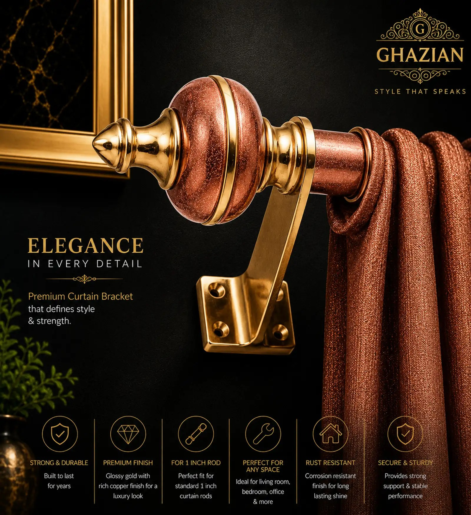 Ghazian Brown Gold Curtain Knob – Decorative Gold Finish Curtain Rod Finial - Image 2