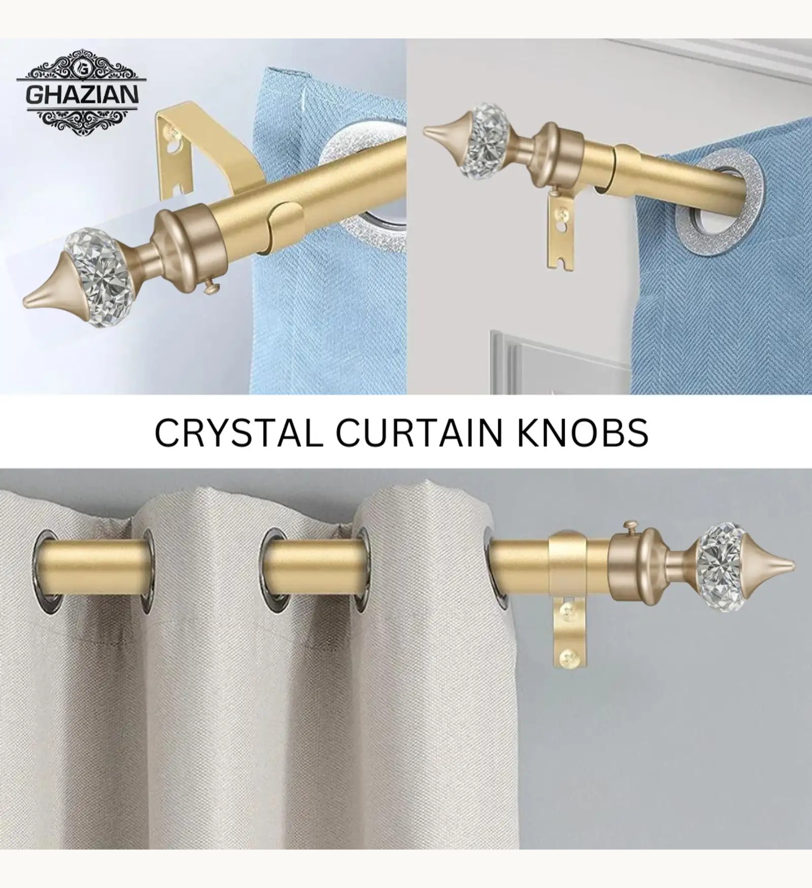 Ghazian Champagne Crystal Curtain Knob with Steel Support – Pack of 4 - Image 2