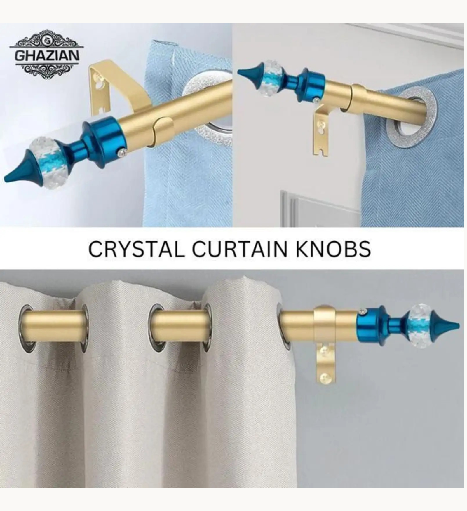 Ghazian Blue Crystal Curtain Knob with Steel Support – Pack of 4 - Image 2