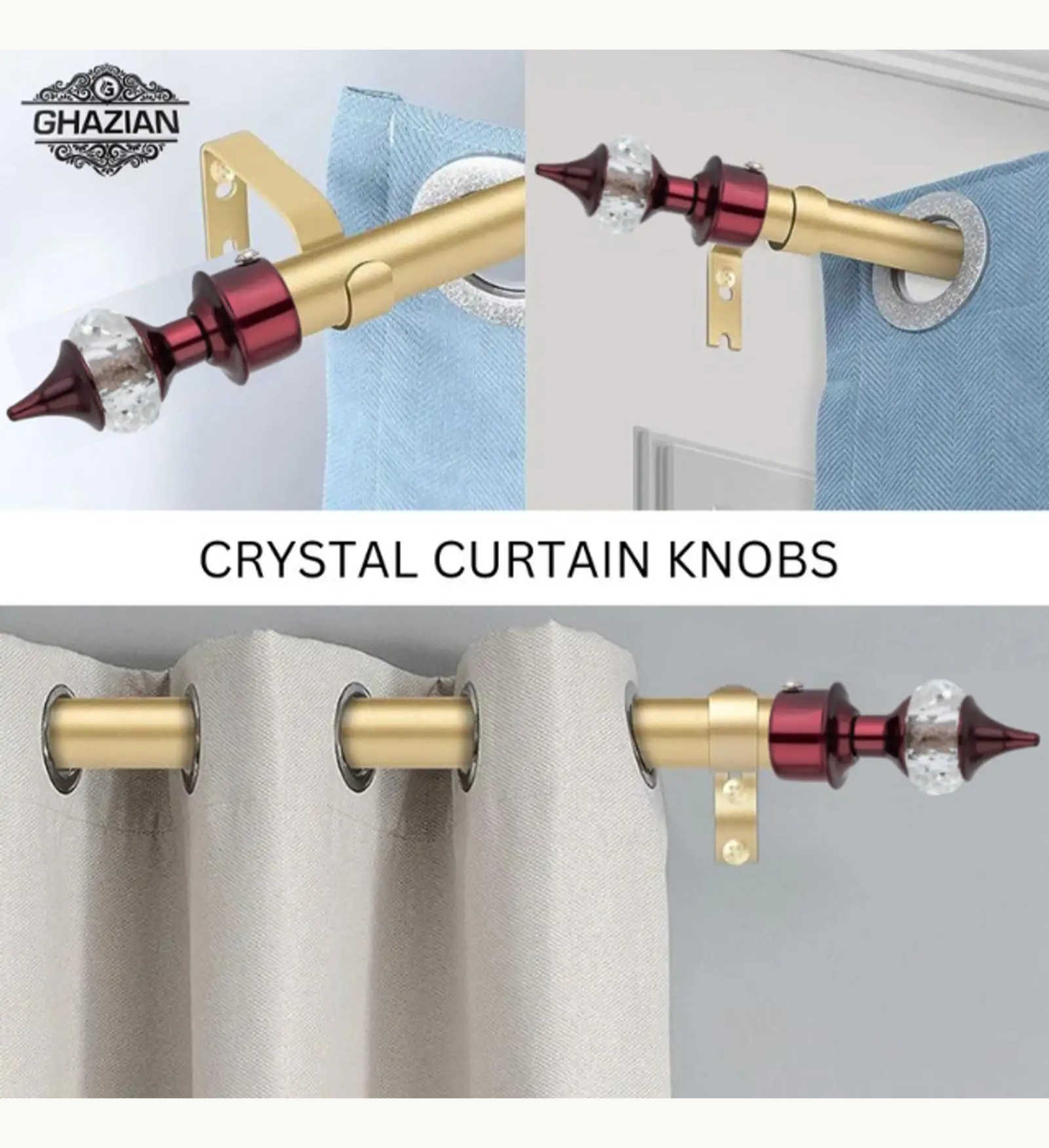 Ghazian Burgundy Crystal Curtain Knob with Steel Support – Pack of 4 - Image 2
