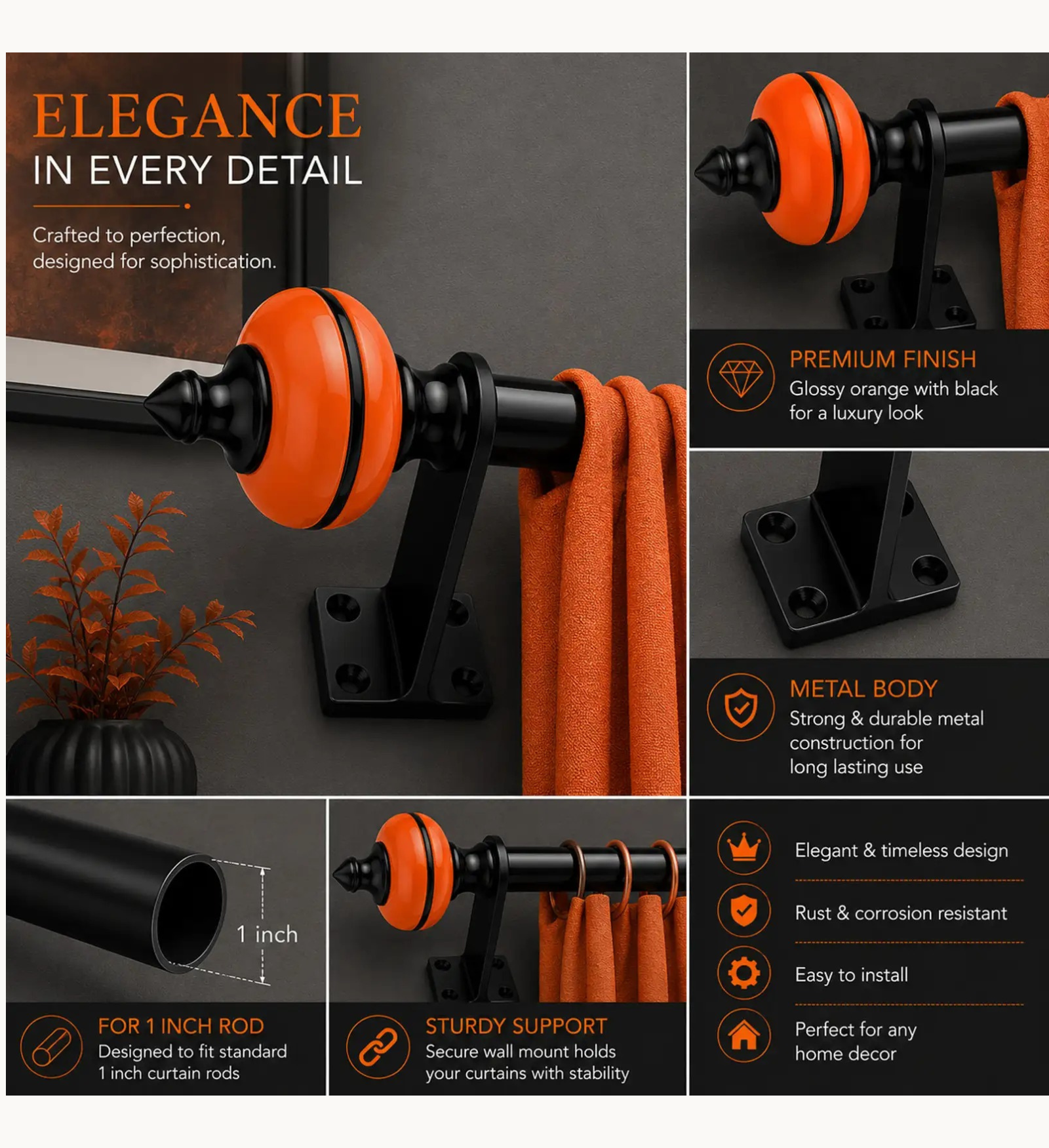 Ghazian Orange Curtain Knob – Decorative Black & Orange Curtain Rod Finial - Image 3