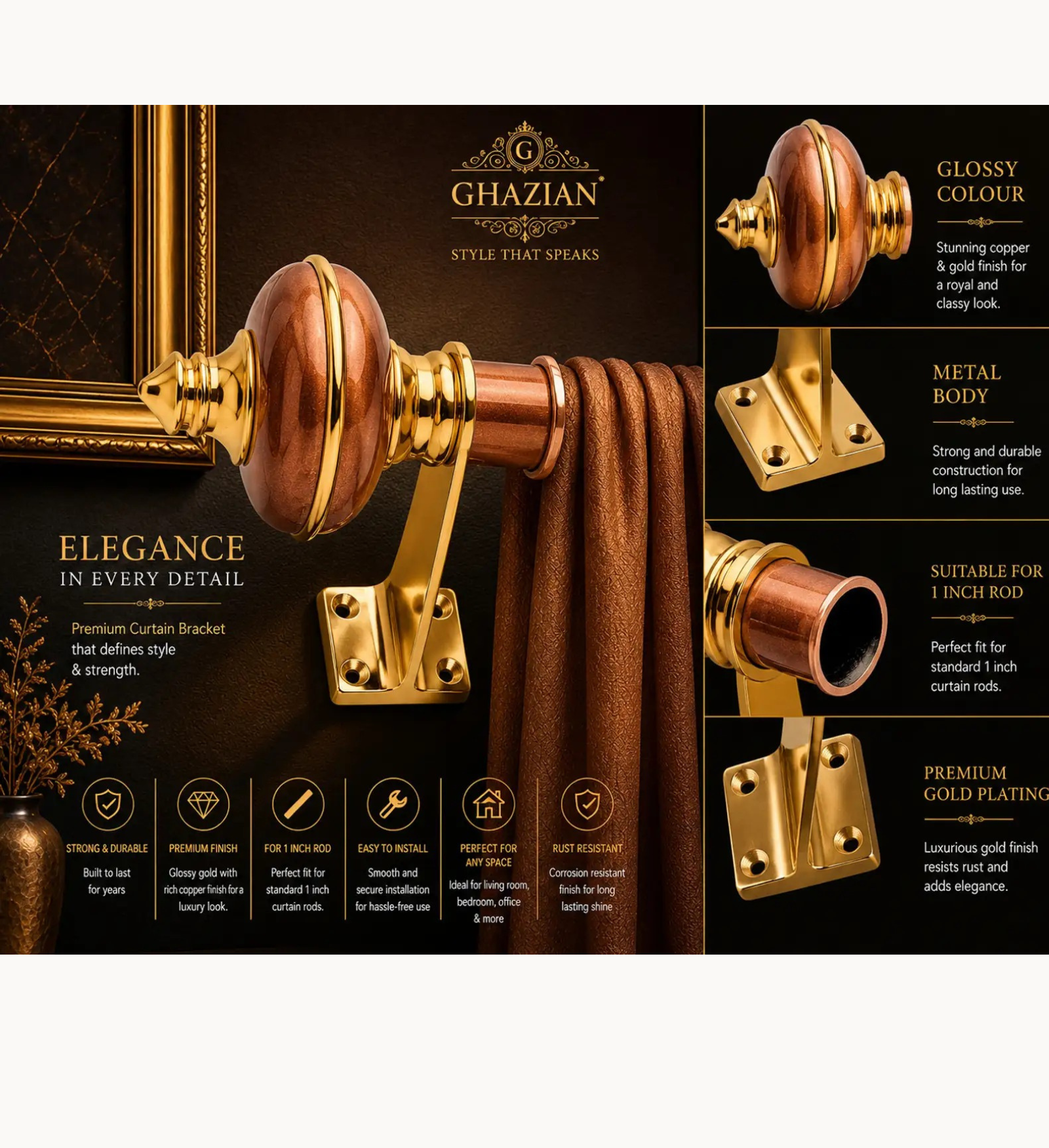 Ghazian Brown Gold Curtain Knob – Decorative Gold Finish Curtain Rod Finial - Image 3