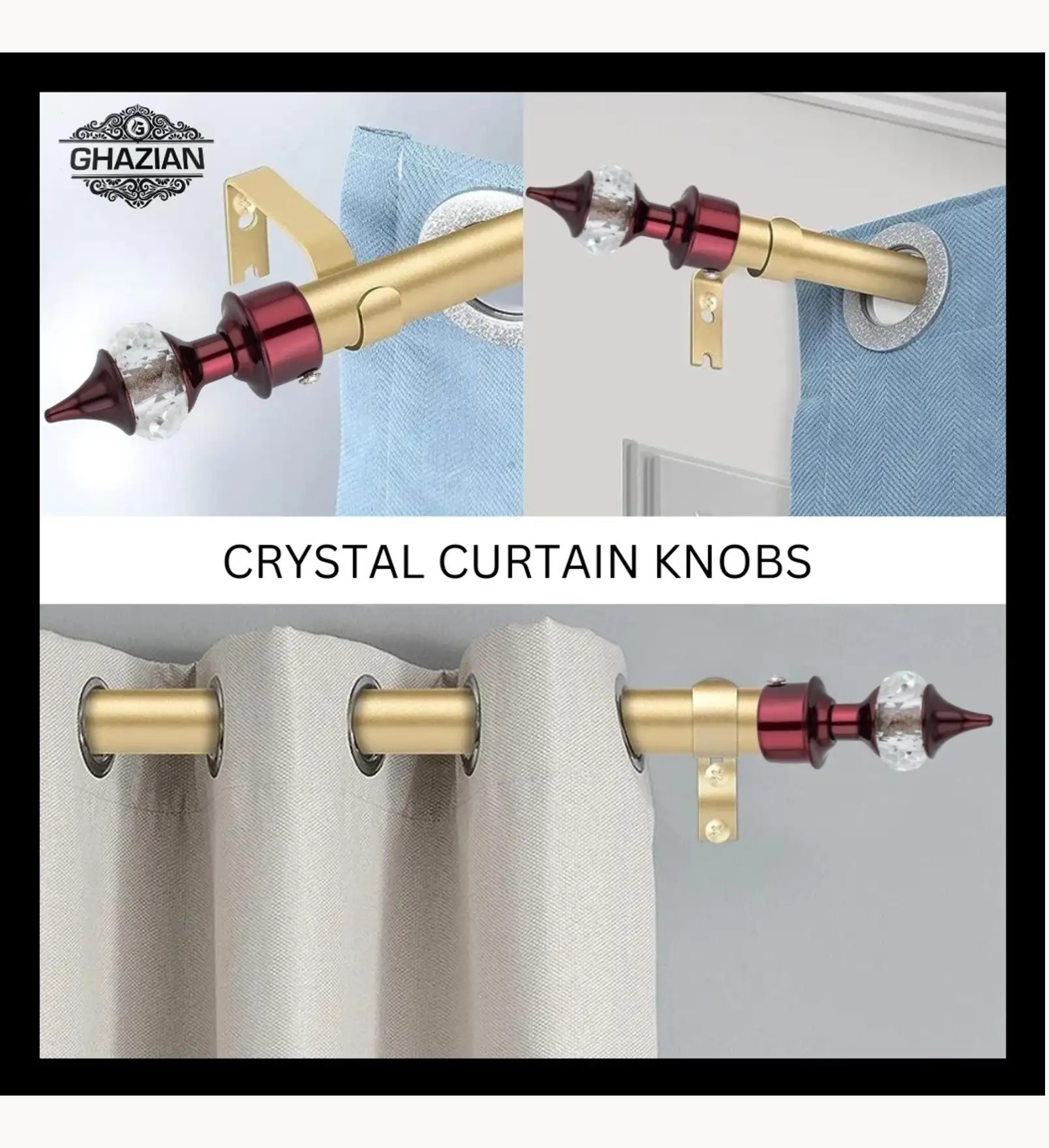 Ghazian Burgundy Crystal Curtain Knob with Steel Support – Pack of 12 - Image 3