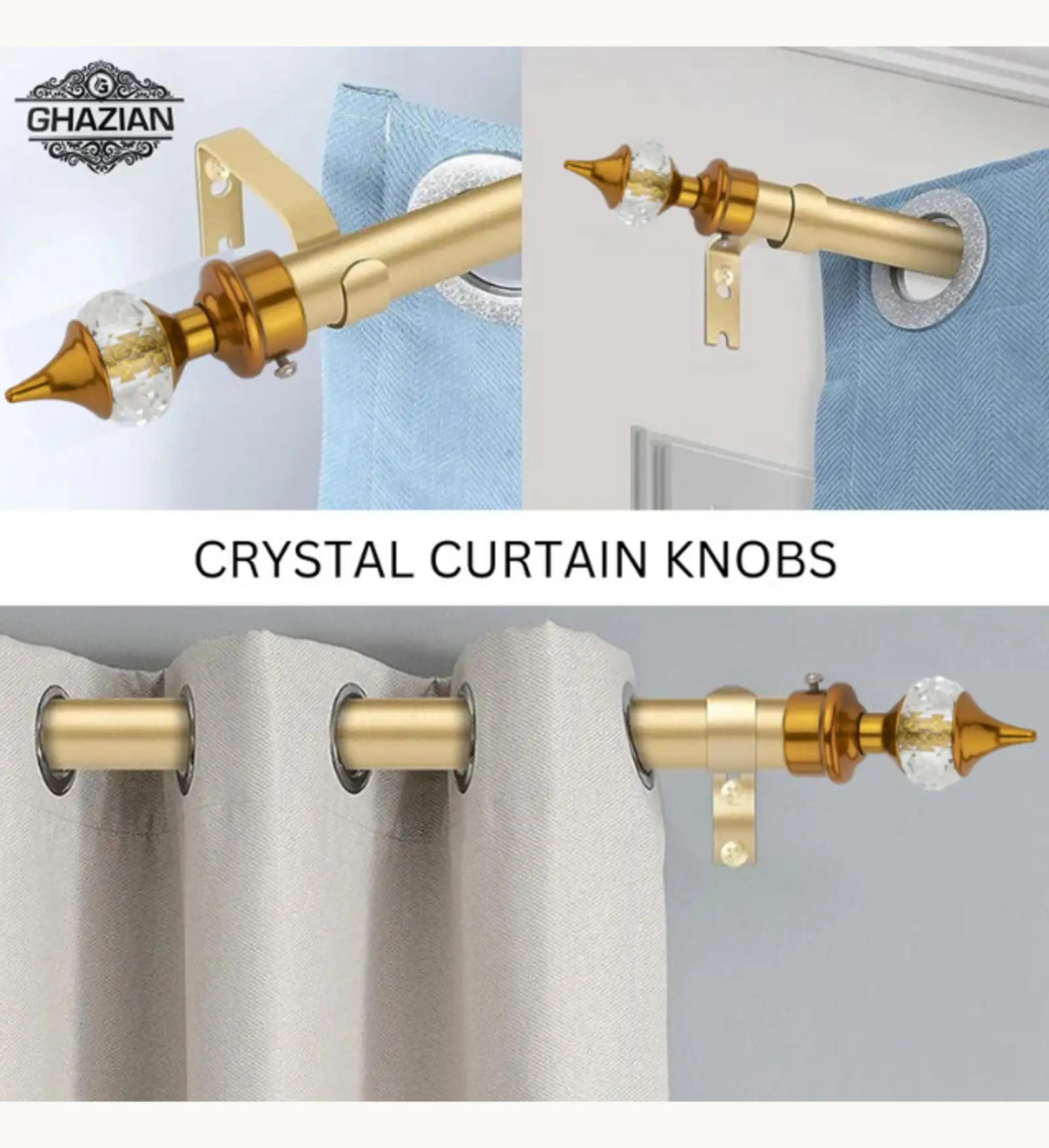 Ghazian Gold Crystal Curtain Knob with Steel Support – Pack of 8 - Image 3