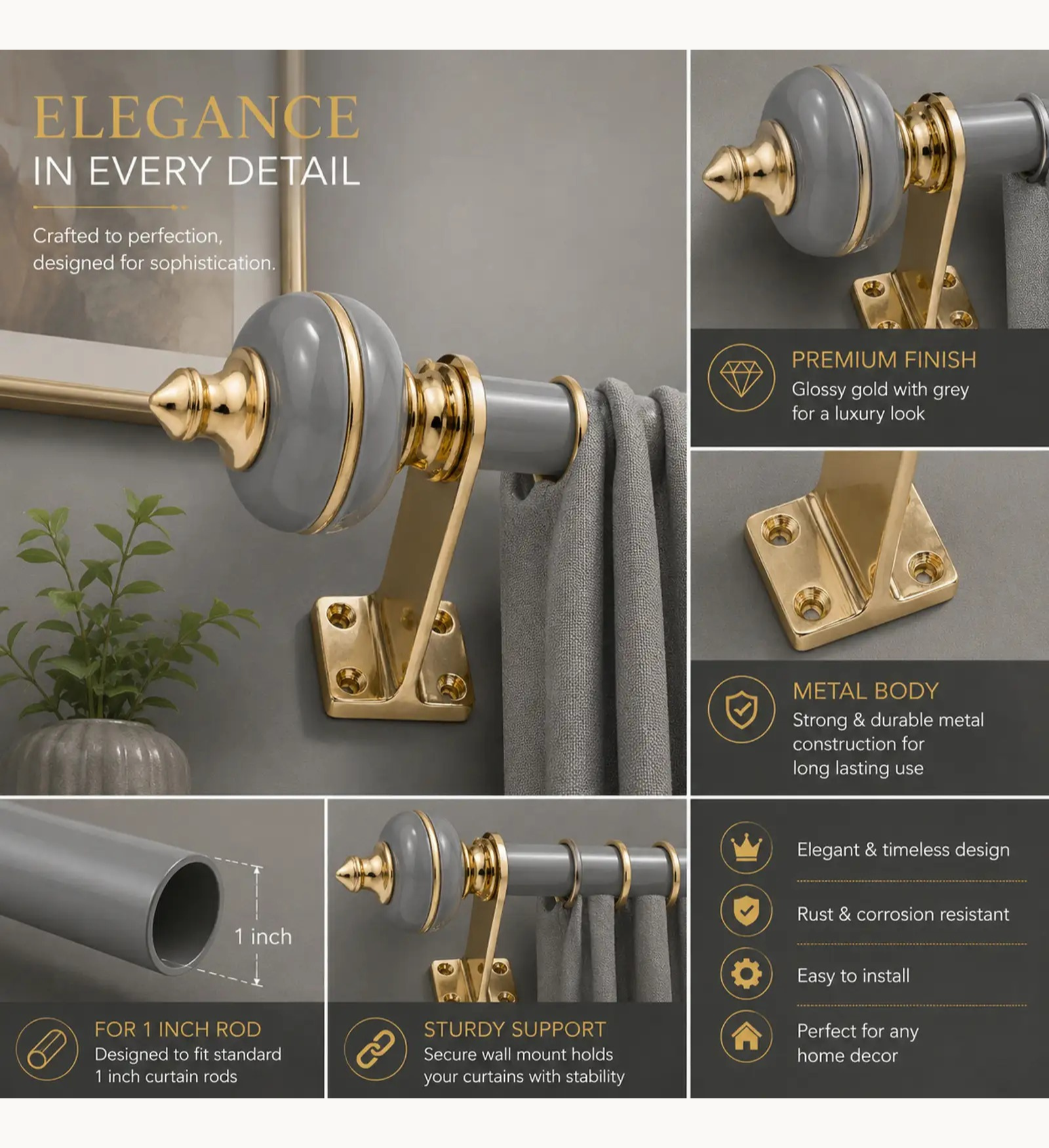 Ghazian Grey Gold Curtain Knob – Decorative Gold Finish Curtain Rod Finial - Image 3