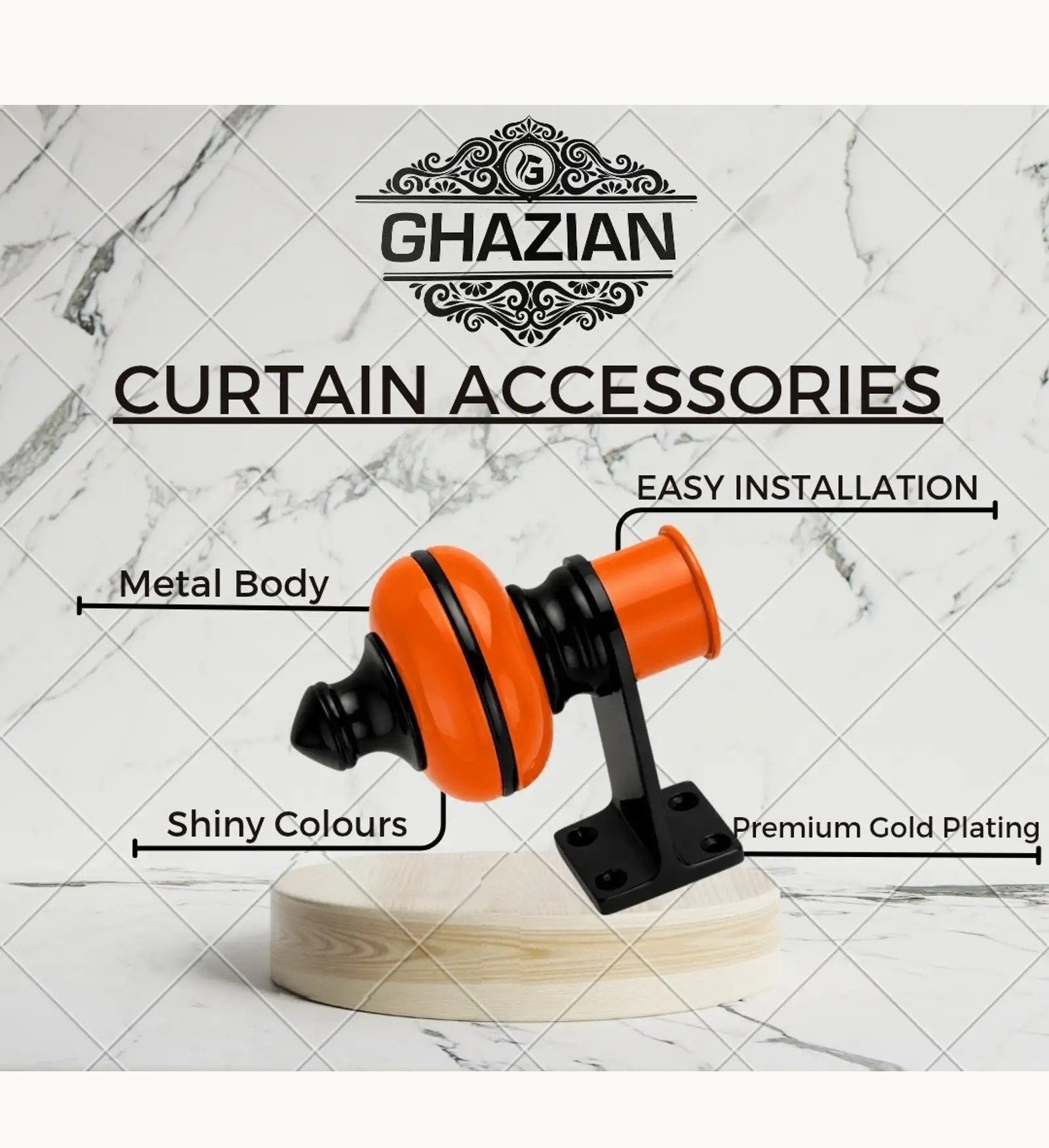Ghazian Orange Curtain Knob – Decorative Black & Orange Curtain Rod Finial - Image 4