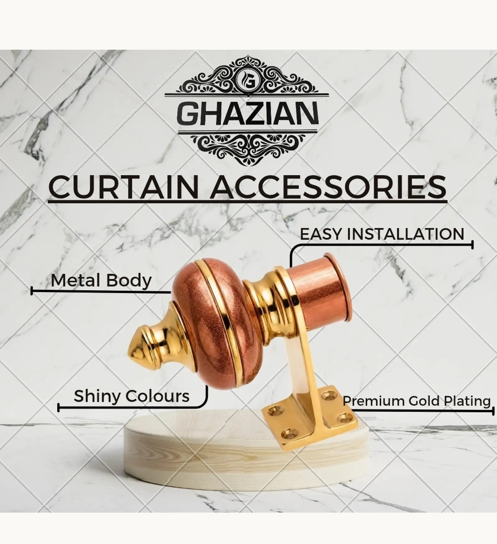 Ghazian Brown Gold Curtain Knob – Decorative Gold Finish Curtain Rod Finial - Image 4