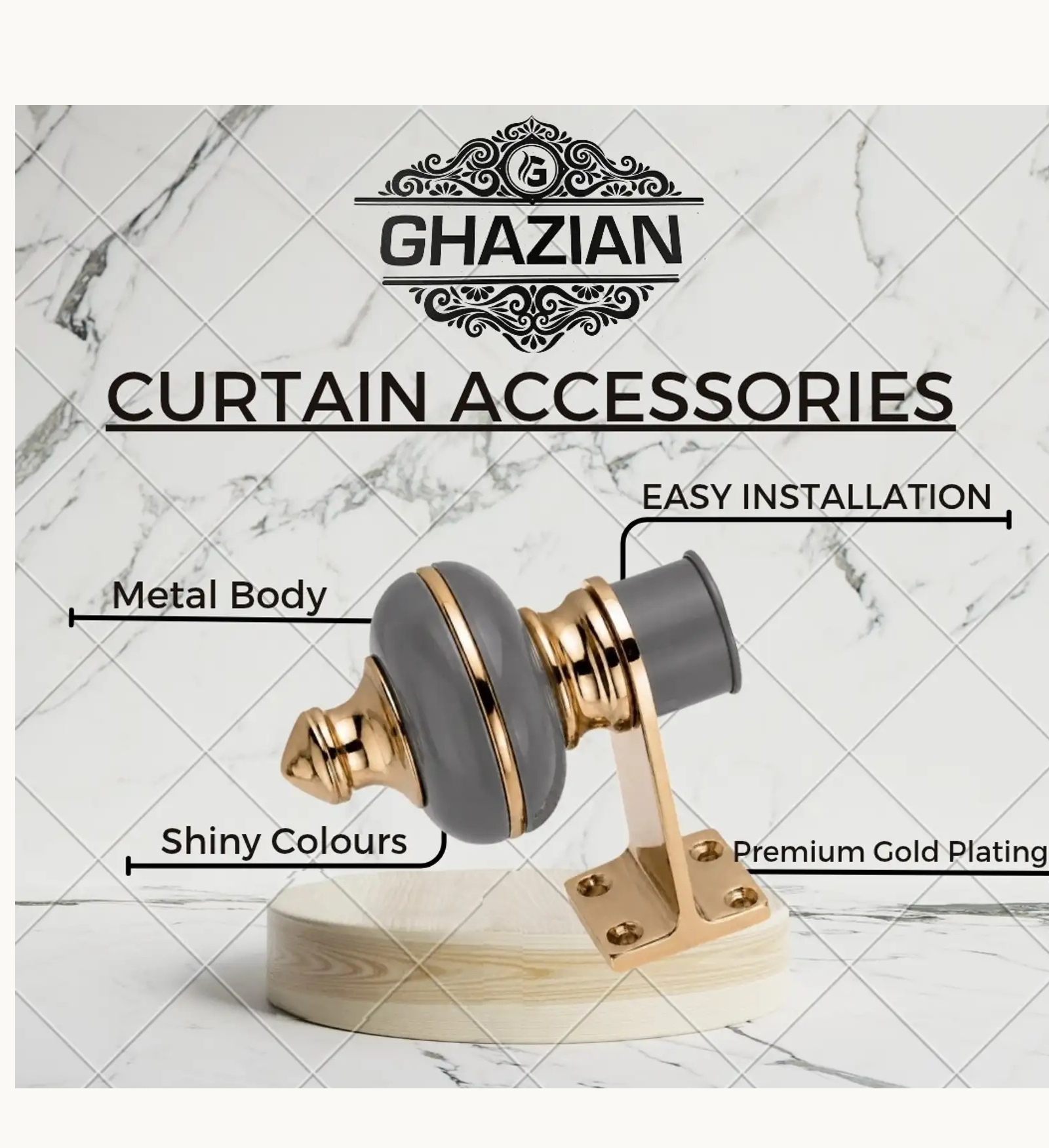 Ghazian Grey Gold Curtain Knob – Decorative Gold Finish Curtain Rod Finial - Image 4